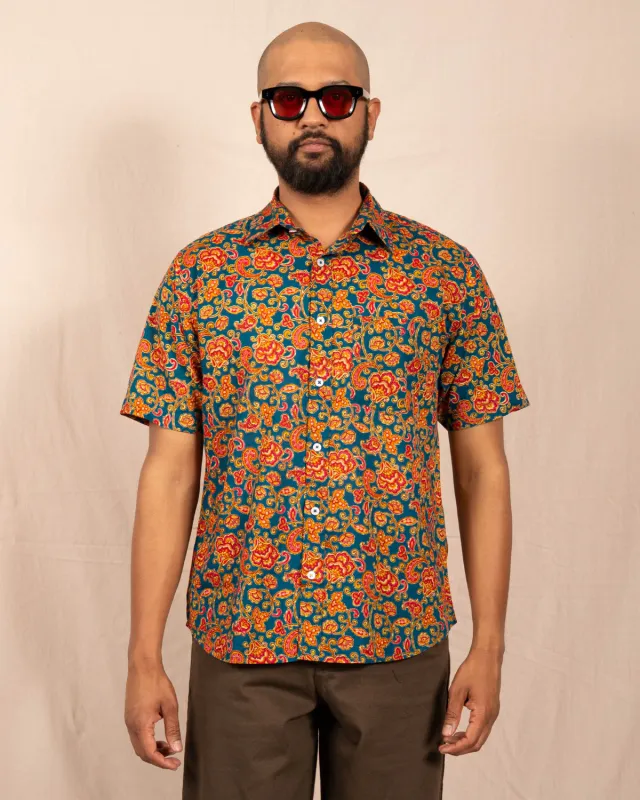 'The Folk' Shirt in Blue and Red Agra Floral Print made by Dushyant