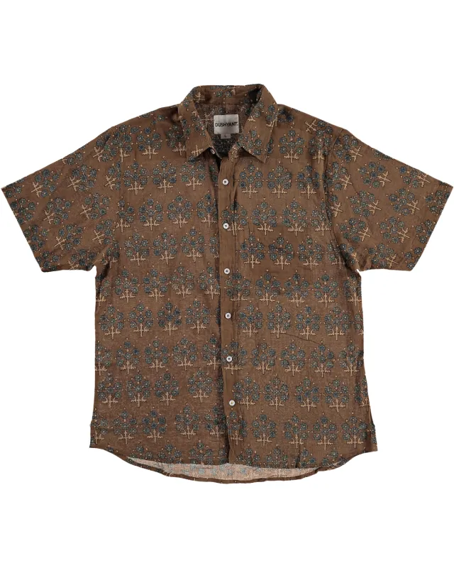 Hand Printed 'The Folk' Short Sleeve Shirt in Olive and Blue Leaf made by Dushyant
