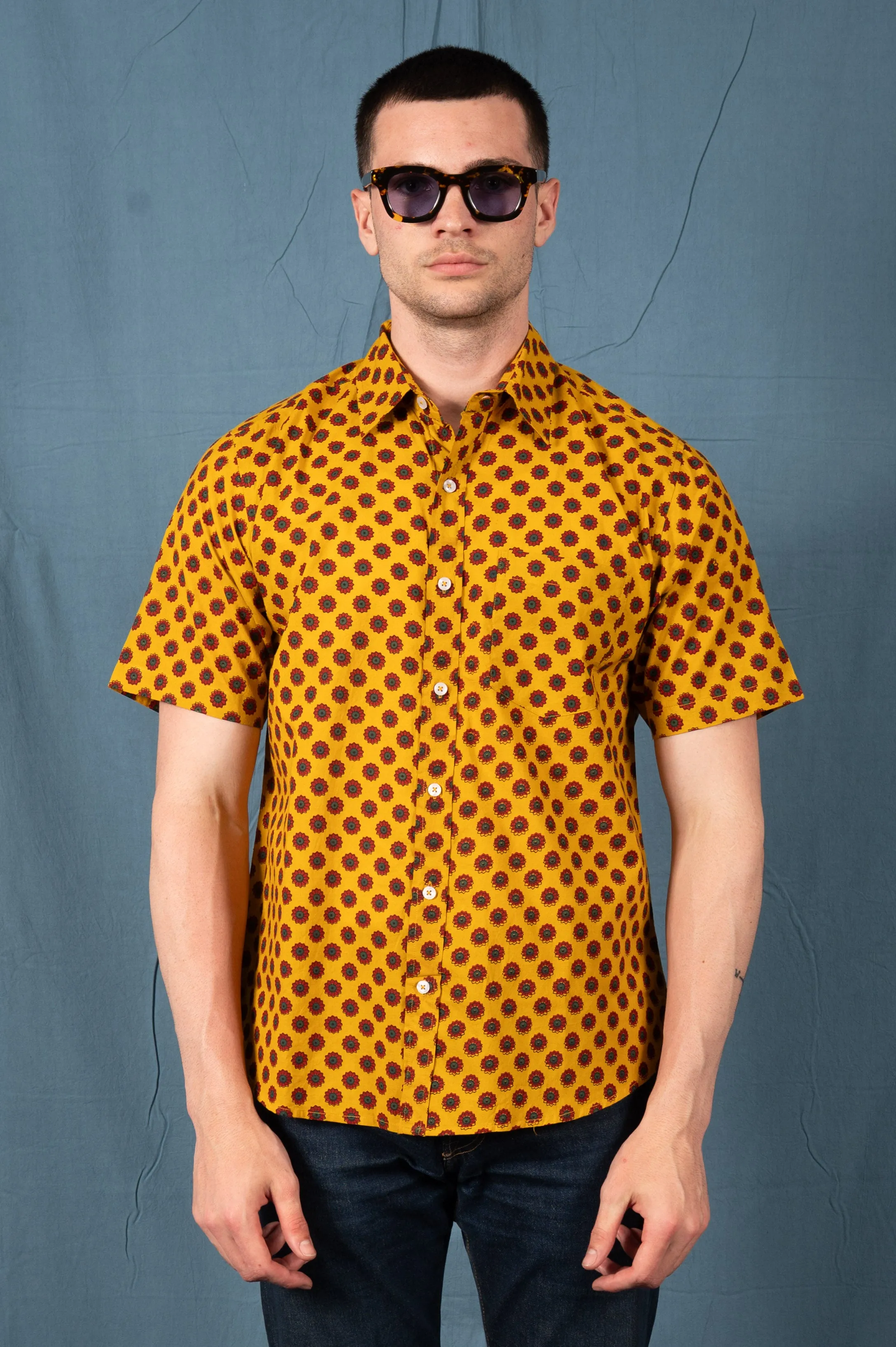 Hand Printed 'The Folk' Short Sleeve Shirt in Mustard and Red sold by Dushyant product image thumbnail 2
