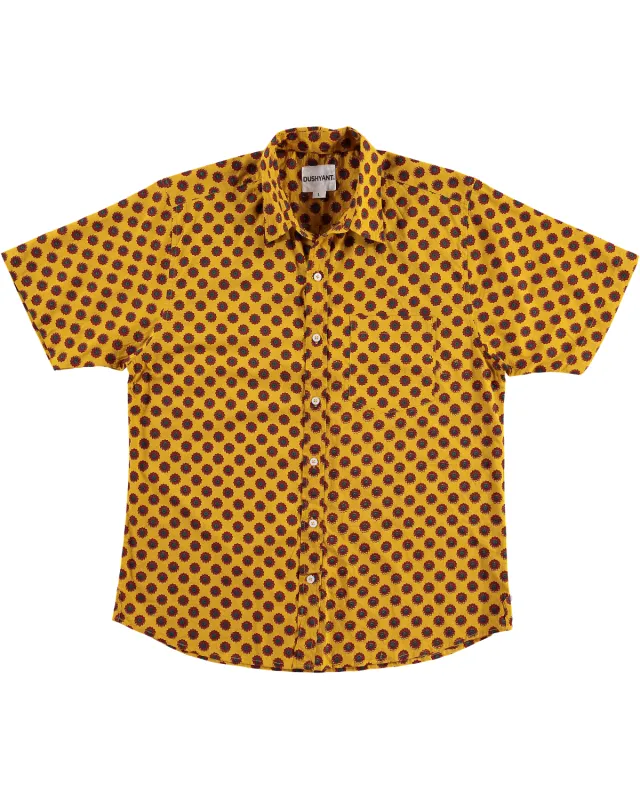 Hand Printed 'The Folk' Short Sleeve Shirt in Mustard and Red made by Dushyant