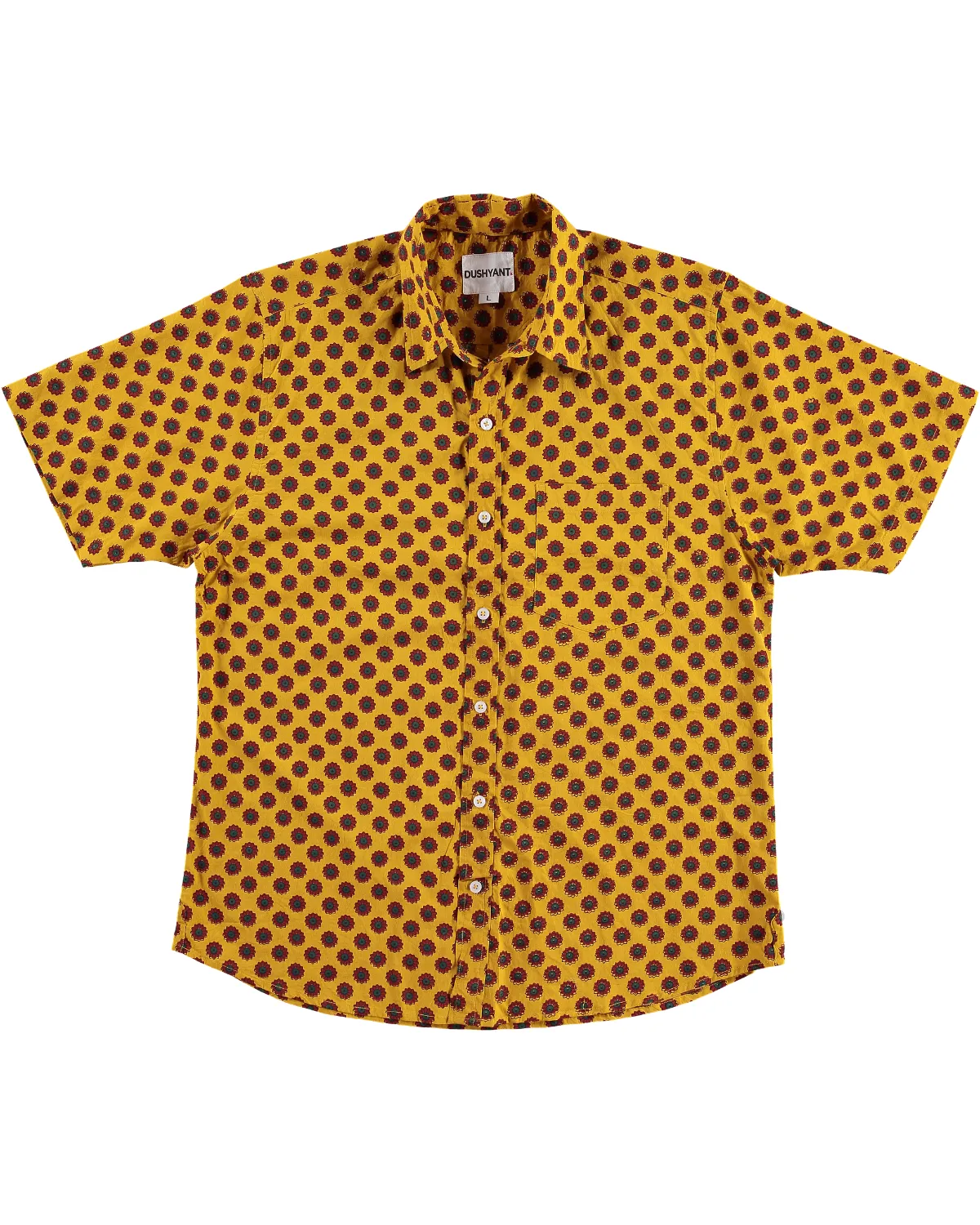 Hand Printed 'The Folk' Short Sleeve Shirt in Mustard and Red sold by Dushyant
