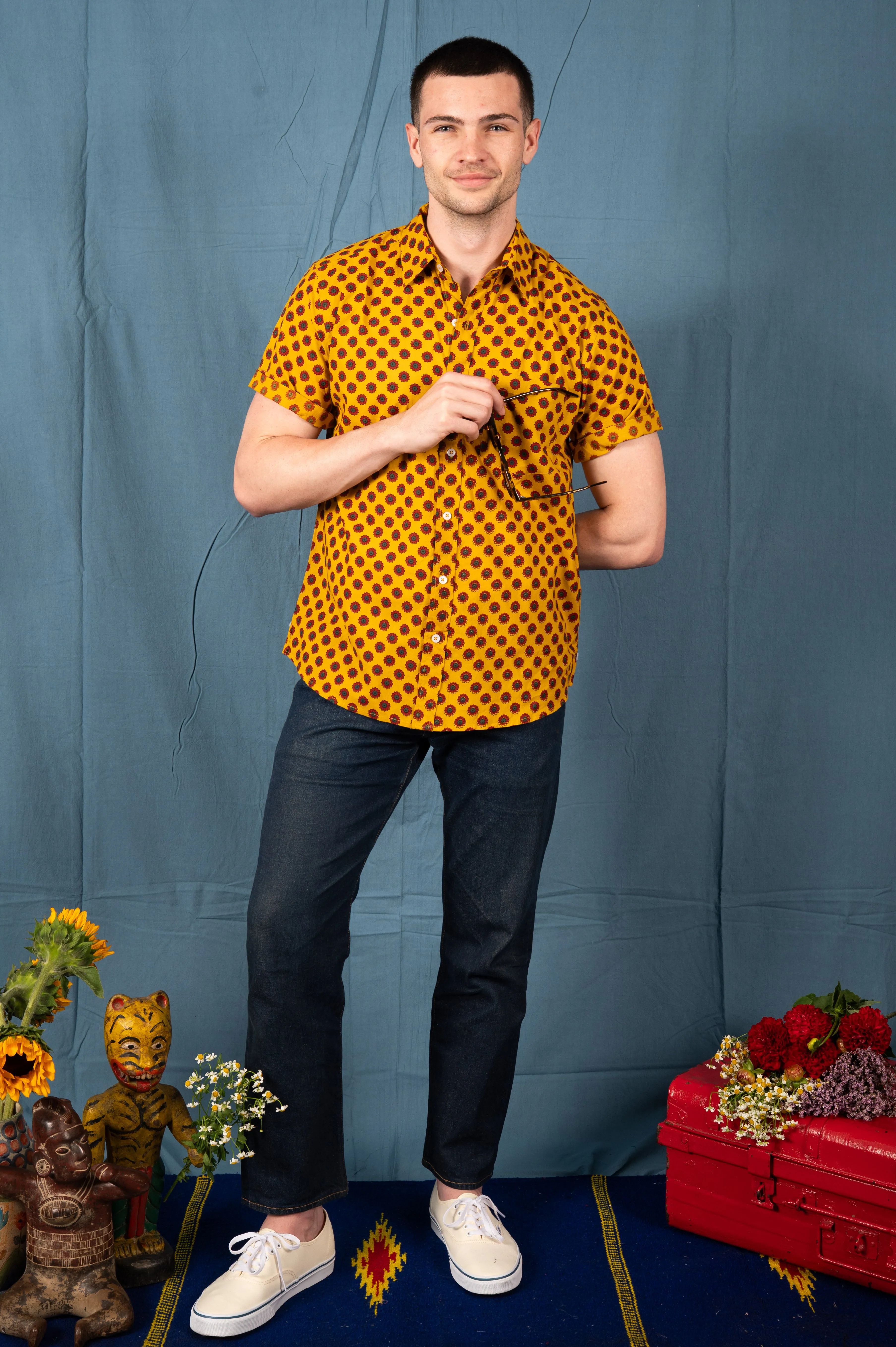 Hand Printed 'The Folk' Short Sleeve Shirt in Mustard and Red sold by Dushyant product image thumbnail 4