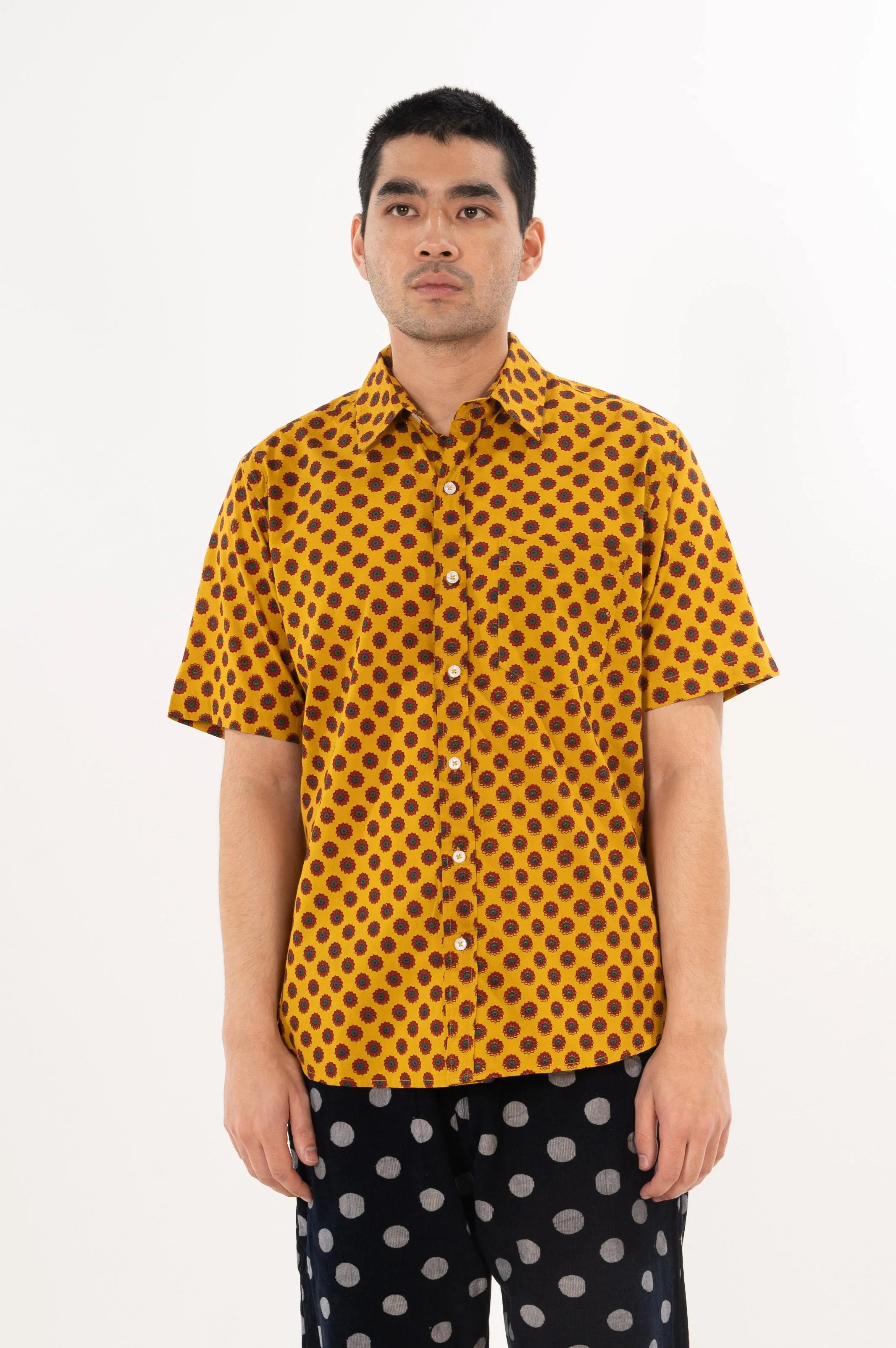 Hand Printed 'The Folk' Short Sleeve Shirt in Mustard and Red sold by Dushyant product image thumbnail 3