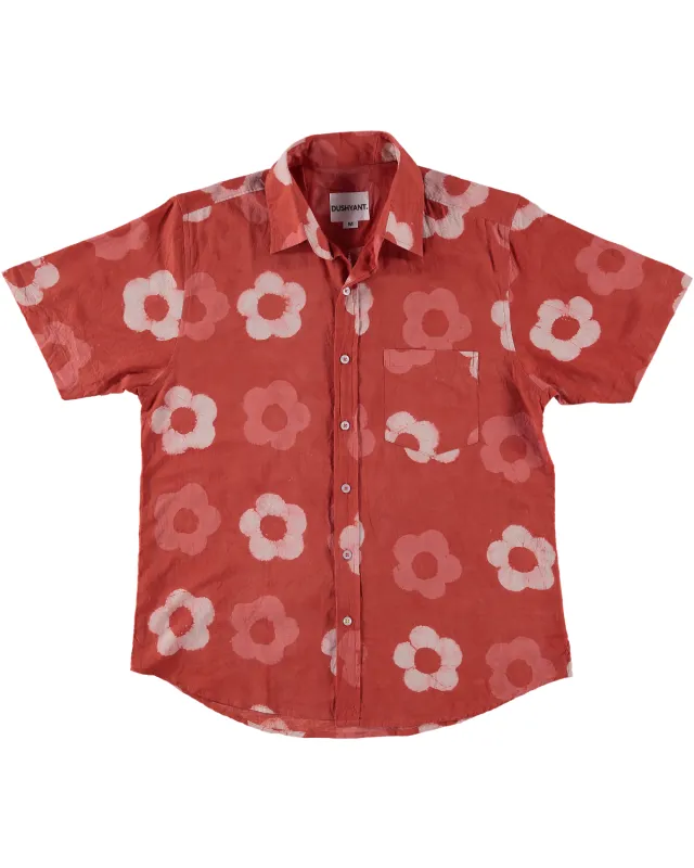 'The Folk' Short Sleeve Shirt in Red Rose - Hand Block Printed made by Dushyant