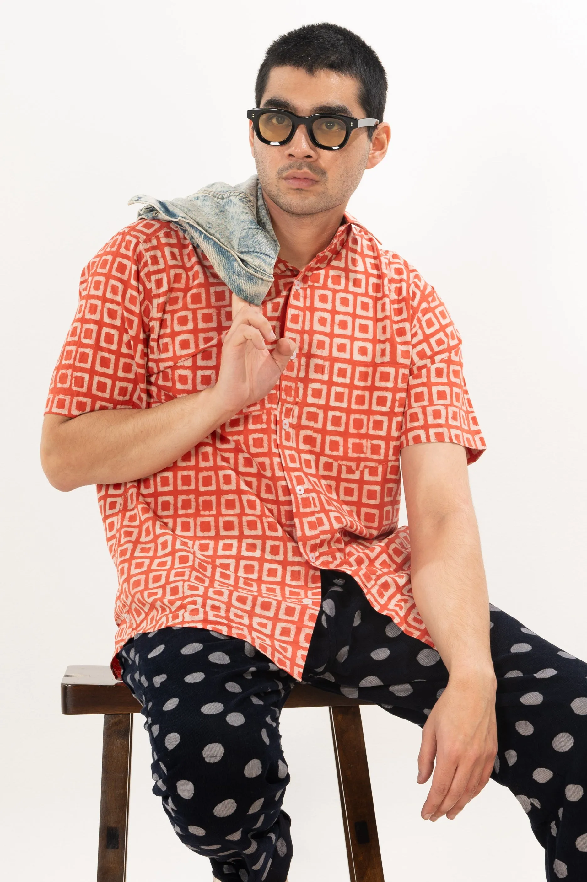Hand Block Printed 'The Folk' Short Sleeve Shirt in Vintage Red Box sold by Dushyant product image thumbnail 4
