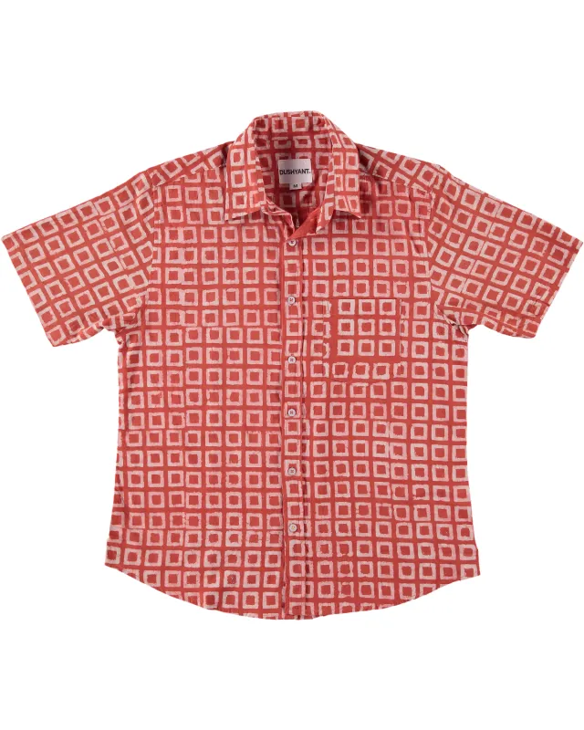 Hand Block Printed 'The Folk' Short Sleeve Shirt in Vintage Red Box made by Dushyant