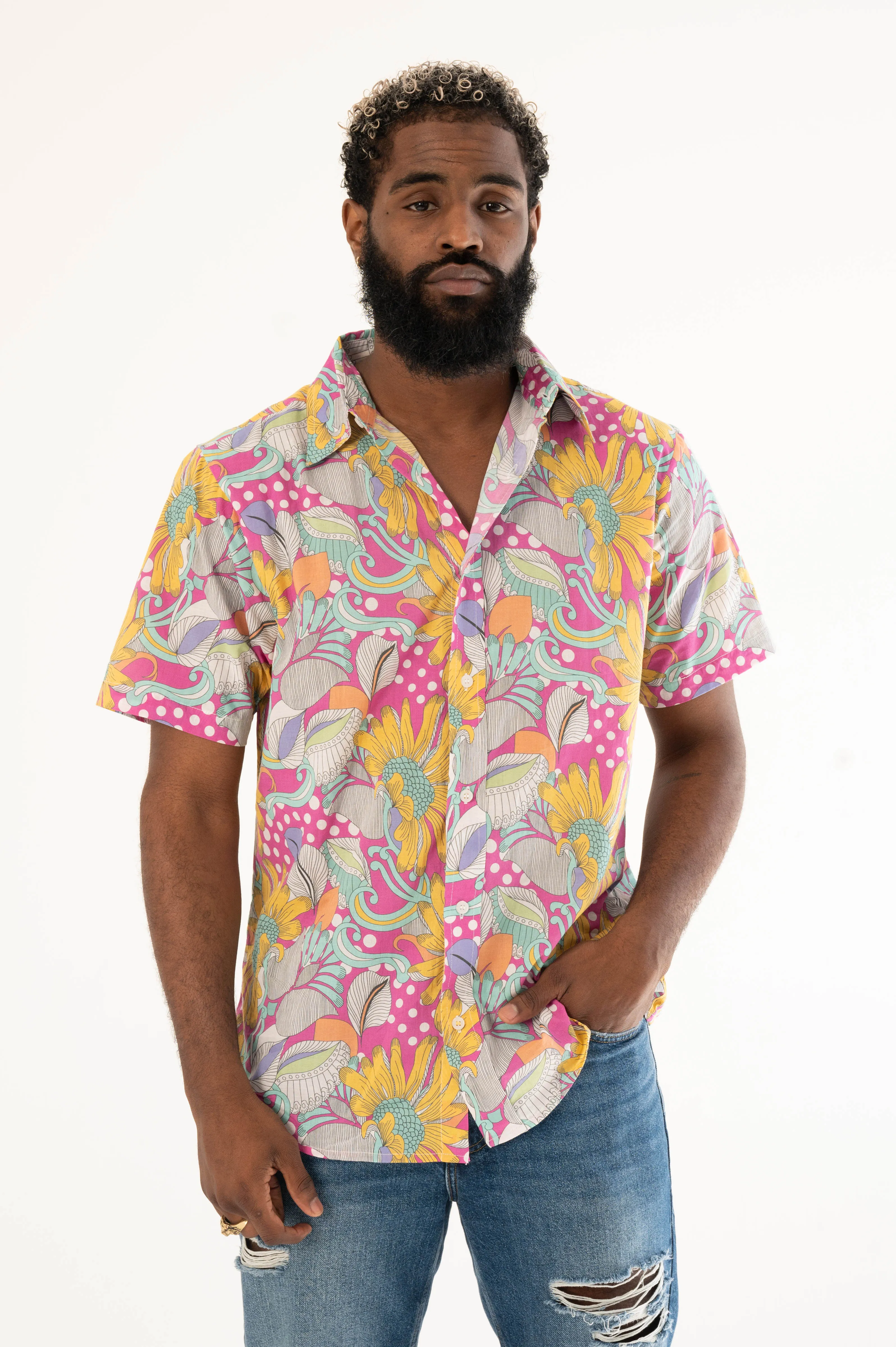 'The Sheril' Short Sleeve Shirt in Light Pink, Yellow and White (La Brea) Floral Print sold by Dushyant product image thumbnail 2