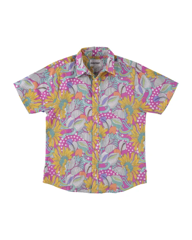 'The Sheril' Short Sleeve Shirt in Light Pink, Yellow and White (La Brea) Floral Print made by Dushyant