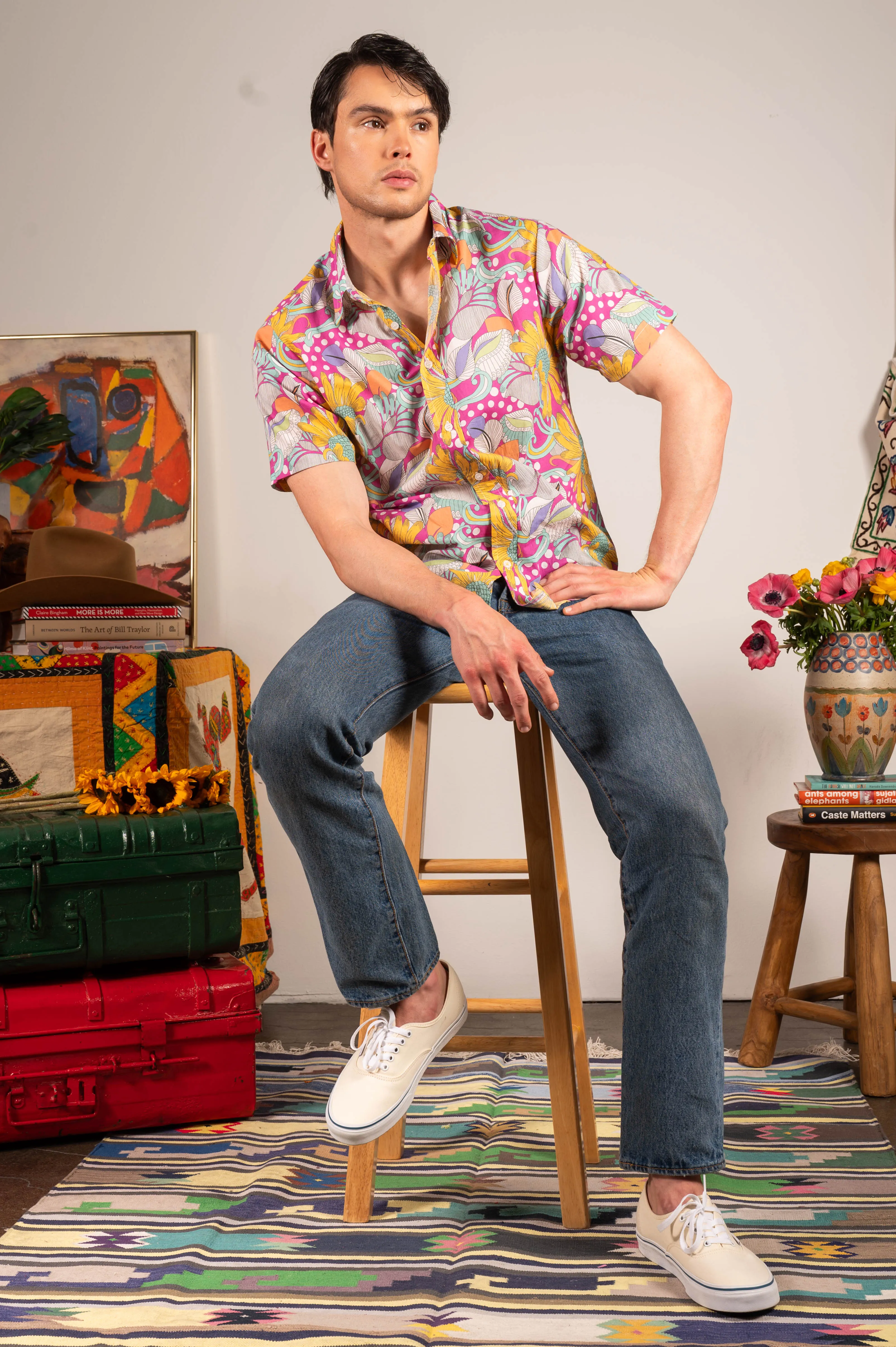 'The Sheril' Short Sleeve Shirt in Light Pink, Yellow and White (La Brea) Floral Print sold by Dushyant product image thumbnail 3