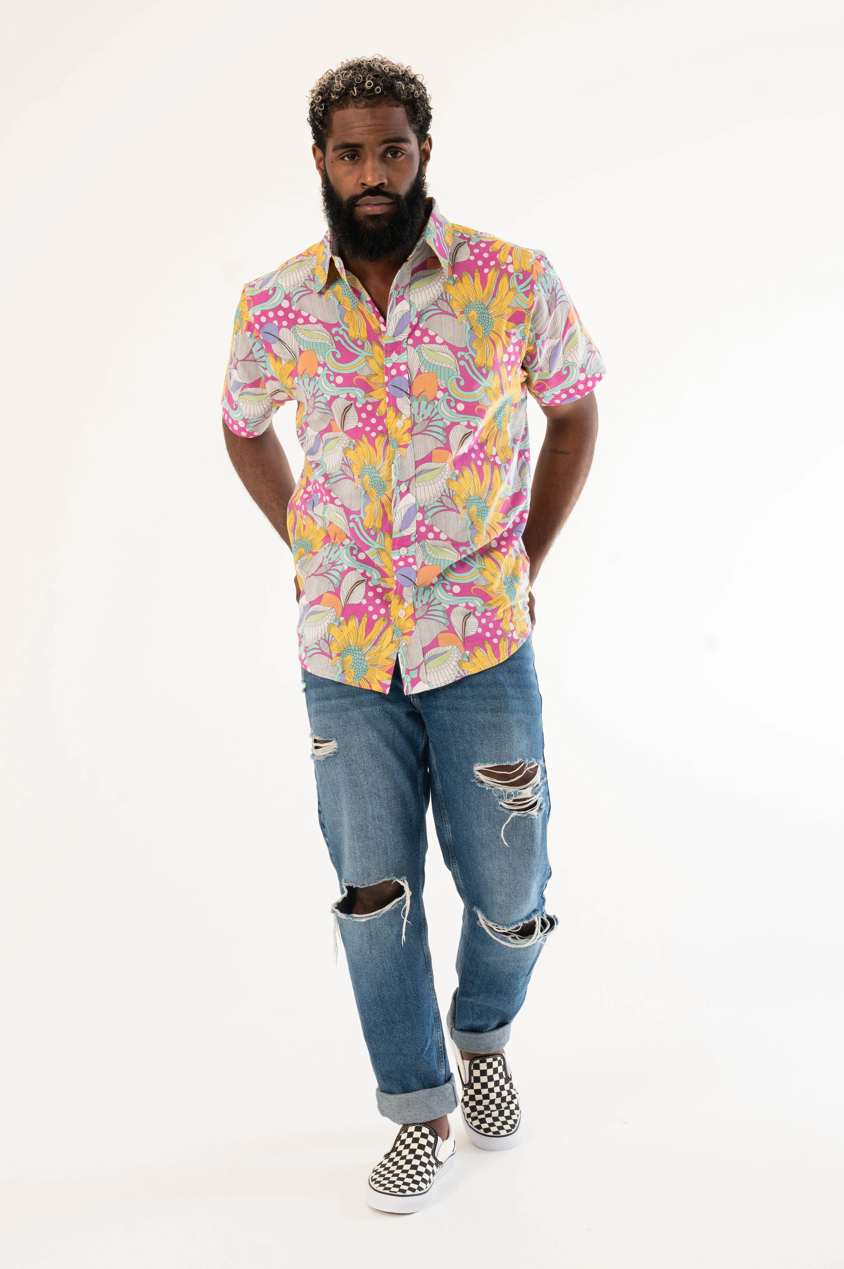 'The Sheril' Short Sleeve Shirt in Light Pink, Yellow and White (La Brea) Floral Print sold by Dushyant product image thumbnail 5
