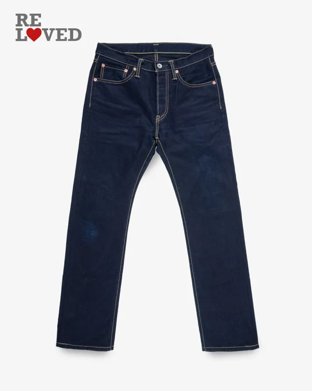 14oz Selvedge Denim Slim Straight Cut Jeans - Indigo/Black (IH-666s-142ib) Tag 31, hemmed to 30.5" sold by Iron Heart
