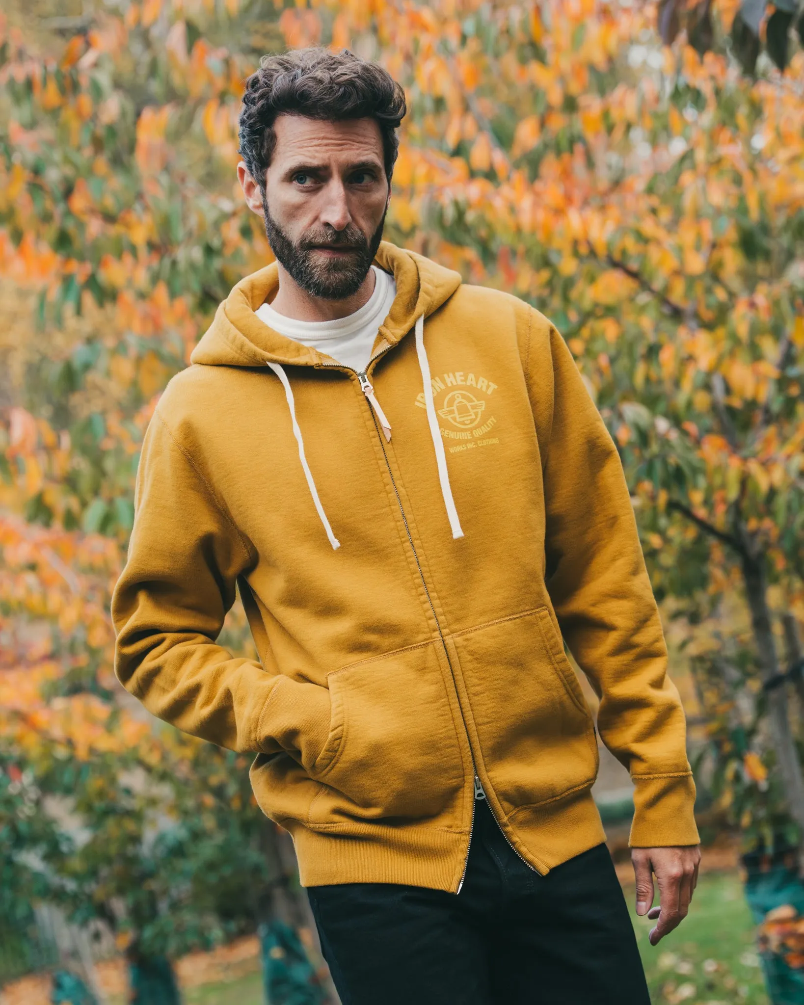 Printed 14oz Ultra Heavyweight Loopwheel Cotton Zippered Hoodie - Mustard sold by Iron Heart product image thumbnail 4