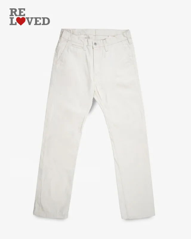 9oz Mercerised Selvedge Cotton Slim Tapered Chinos - Ivory (IH-721-IVO) Tag 35, Hemmed to 31.0" sold by Iron Heart