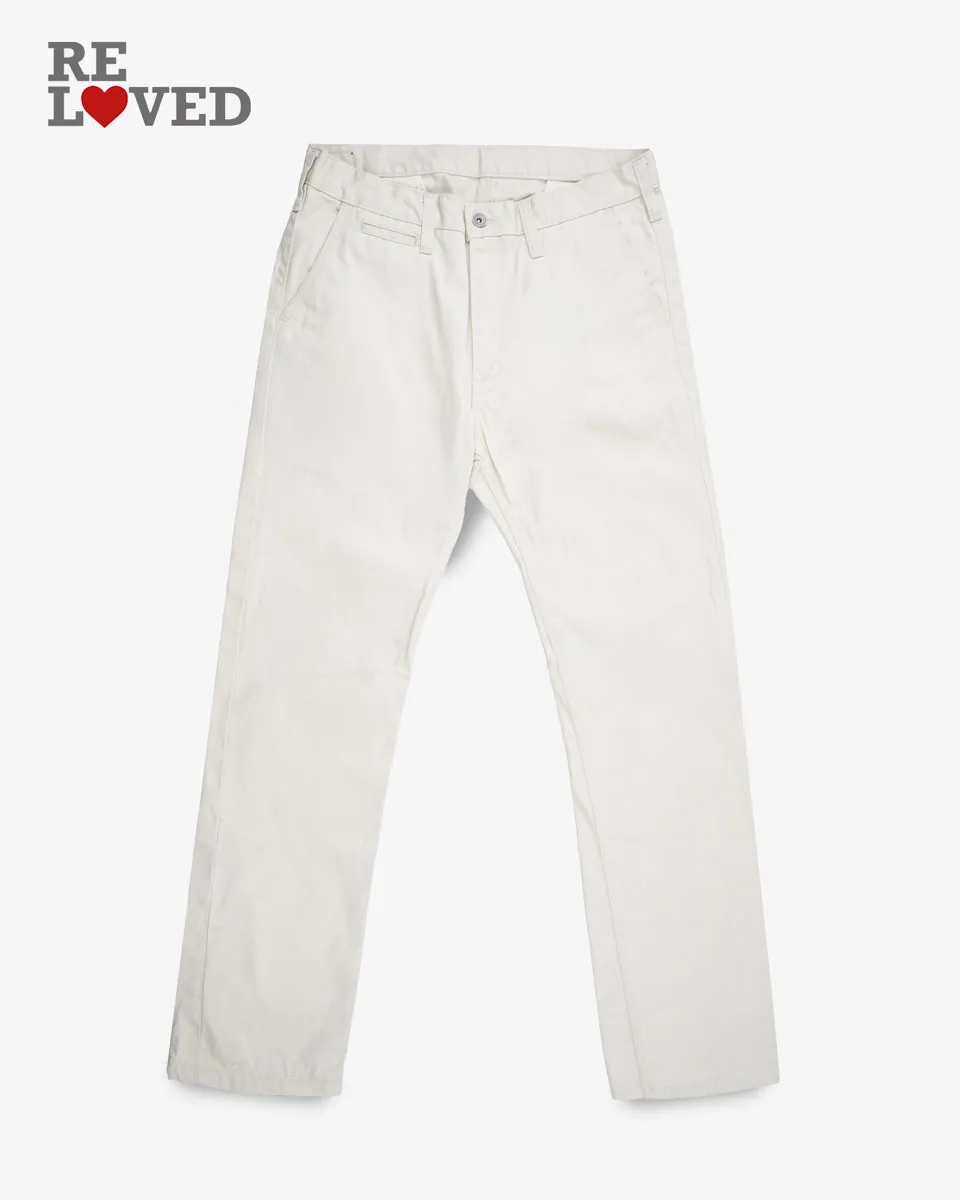 9oz Mercerised Selvedge Cotton Slim Tapered Chinos - Ivory (IH-721-IVO) Tag 35, Hemmed to 31.0" sold by Iron Heart