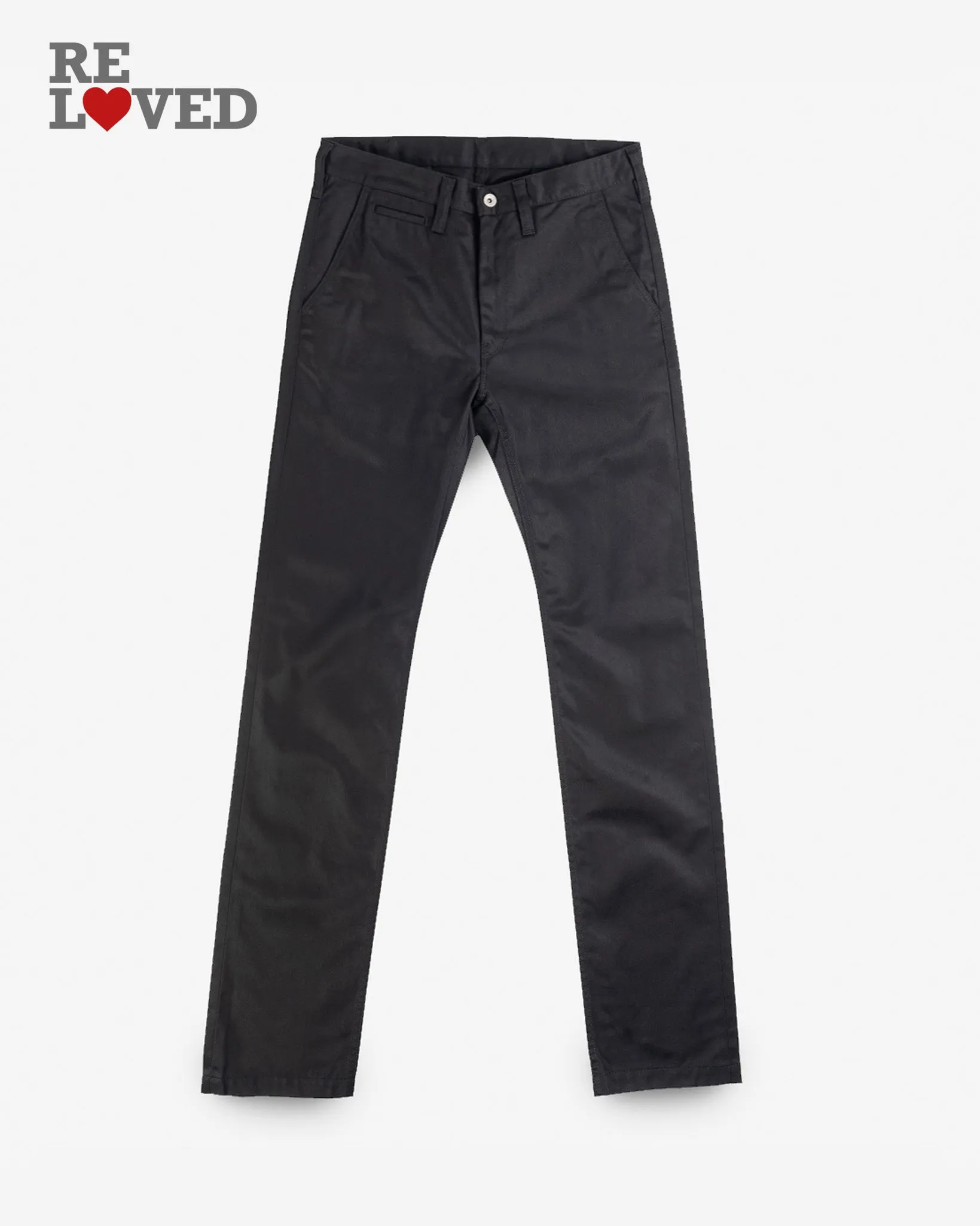 9oz Mercerised Selvedge Cotton Slim Tapered Chinos - Black (IH-721-BLK) Tag 30, Hemmed to 29.5" sold by Iron Heart