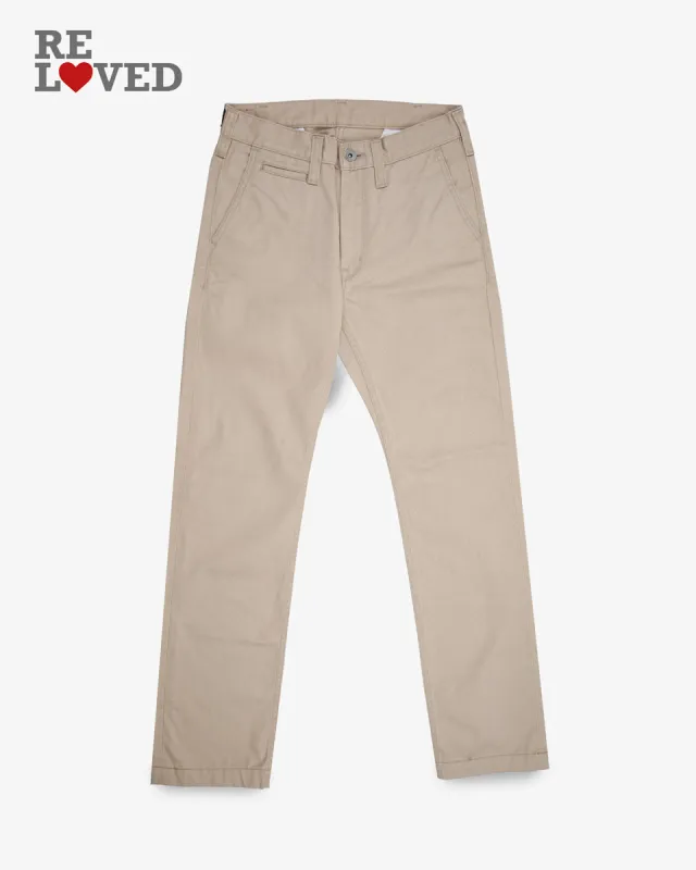 9oz Mercerised Selvedge Cotton Relaxed Tapered Cut Chinos - Khaki (IH-727-KHA) Tag 29, Hemmed to 28.5" sold by Iron Heart