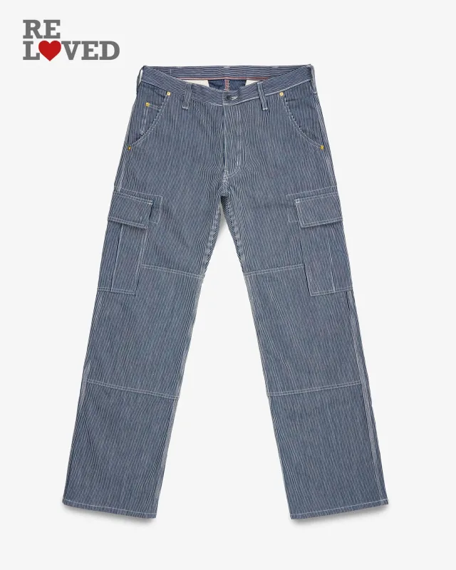 10.5oz Narrow Stripe Hickory Cargo Pants - Indigo (IH-739-IND) Tag 33, Hemmed to 32.0" sold by Iron Heart