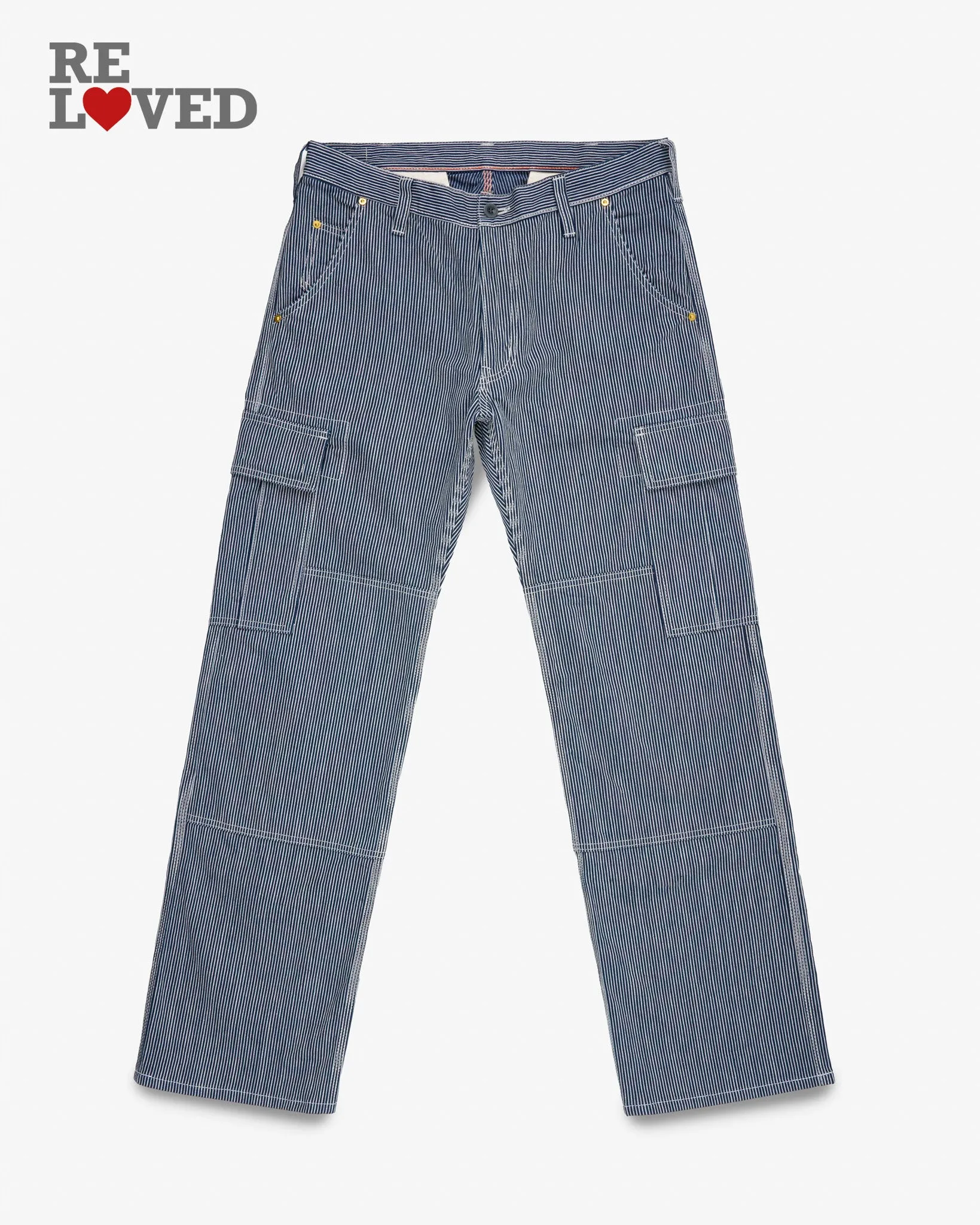 10.5oz Narrow Stripe Hickory Cargo Pants - Indigo (IH-739-IND) Tag 33, Hemmed to 32.0" sold by Iron Heart