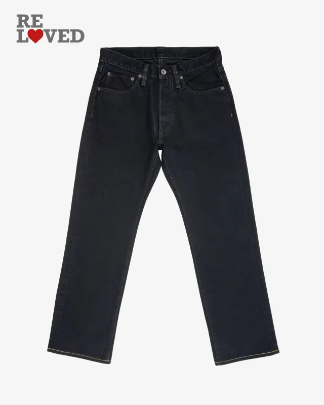 14oz Broken Twill Selvedge Denim Straight Cut Jeans - Indigo Overdyed Black (IH-634SBR-14od) Tag 30, Hemmed to 29.0'' sold by Iron Heart