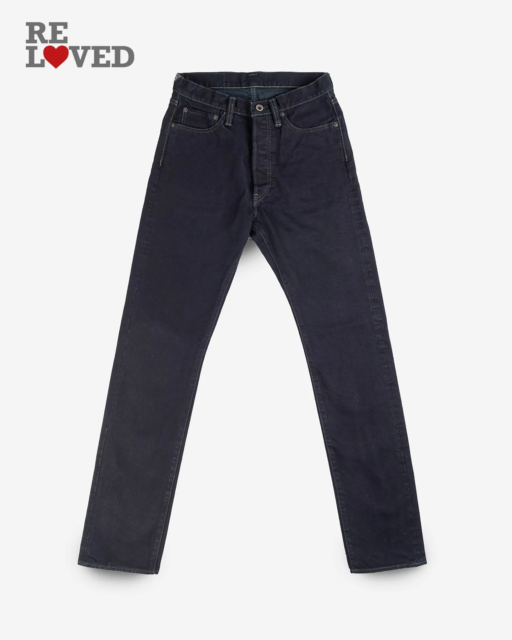 14oz Selvedge Denim Relaxed Tapered Cut Jeans - Indigo Overdyed Black (IH-888s-142od) Tag 31, Hemmed to 31.5" sold by Iron Heart