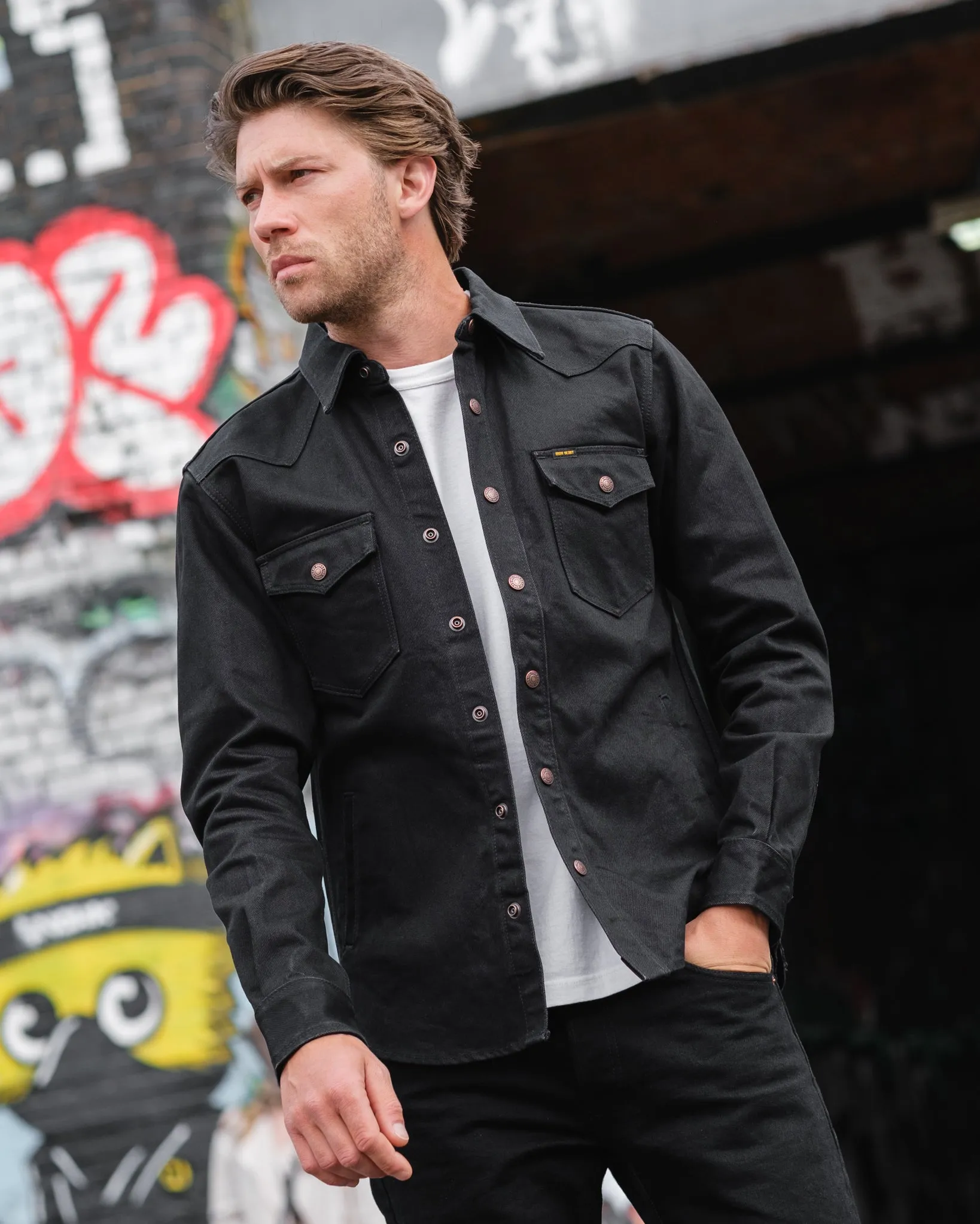 16oz Non-Selvedge Denim CPO Shirt - Superblack (Fades To Grey) sold by Iron Heart product image thumbnail 4