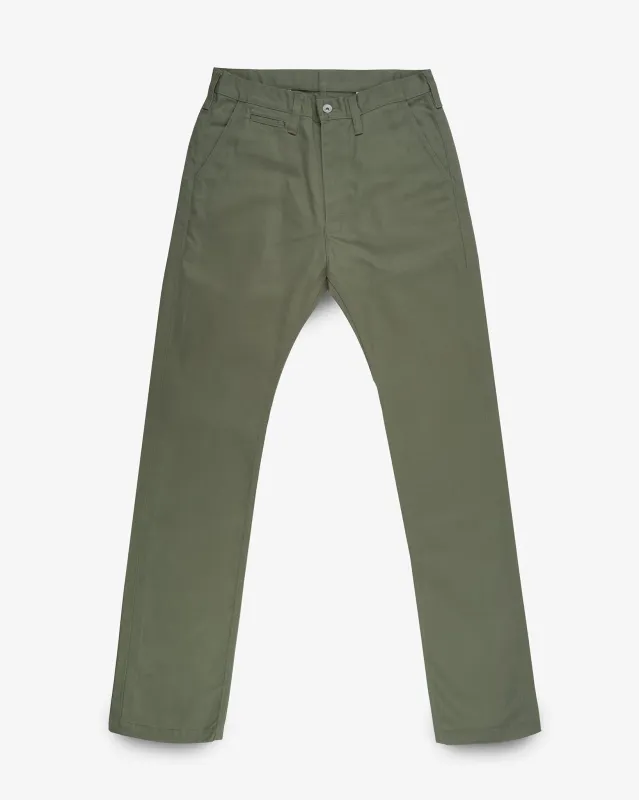 9oz Mercerised Selvedge Cotton Relaxed Tapered Cut Chinos - Olive sold by Iron Heart