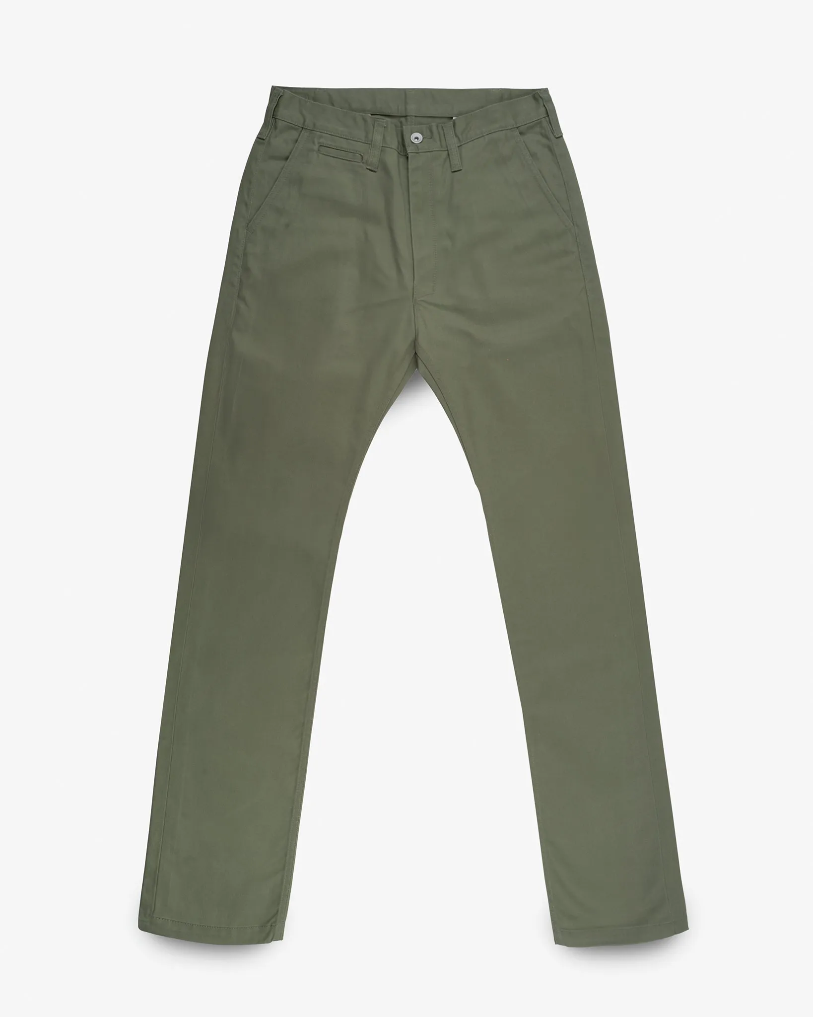 9oz Mercerised Selvedge Cotton Relaxed Tapered Cut Chinos - Olive sold by Iron Heart