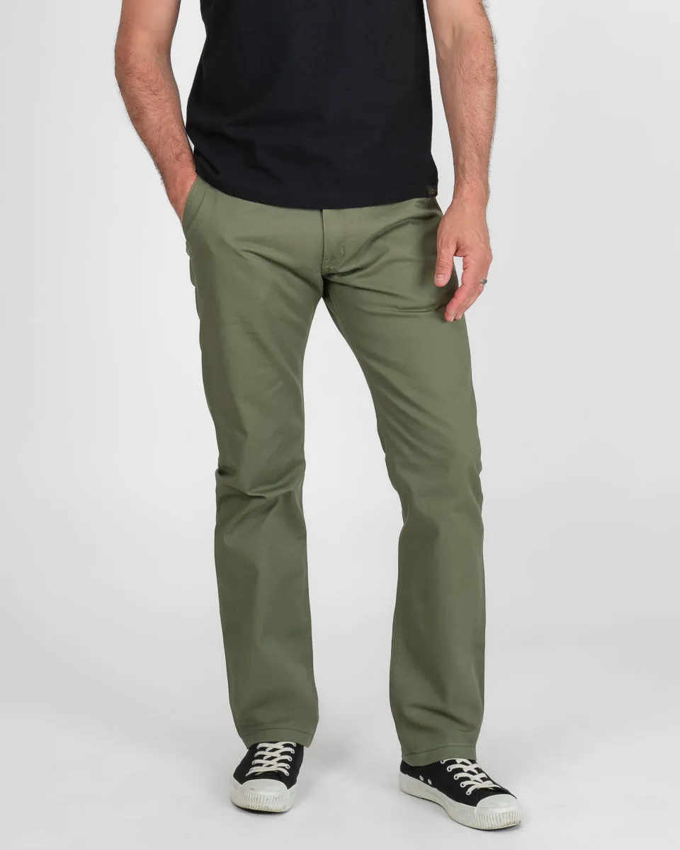 9oz Mercerised Selvedge Cotton Relaxed Tapered Cut Chinos - Olive sold by Iron Heart product image thumbnail 2