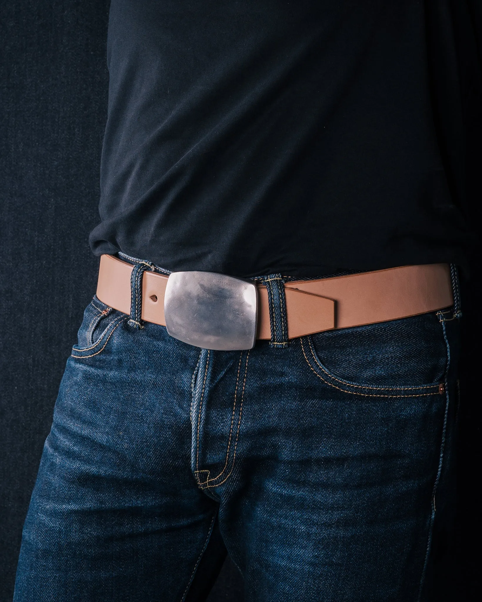Heavy Plate Pewter Buckle Tochigi Leather Belt - Natural sold by Iron Heart product image thumbnail 2