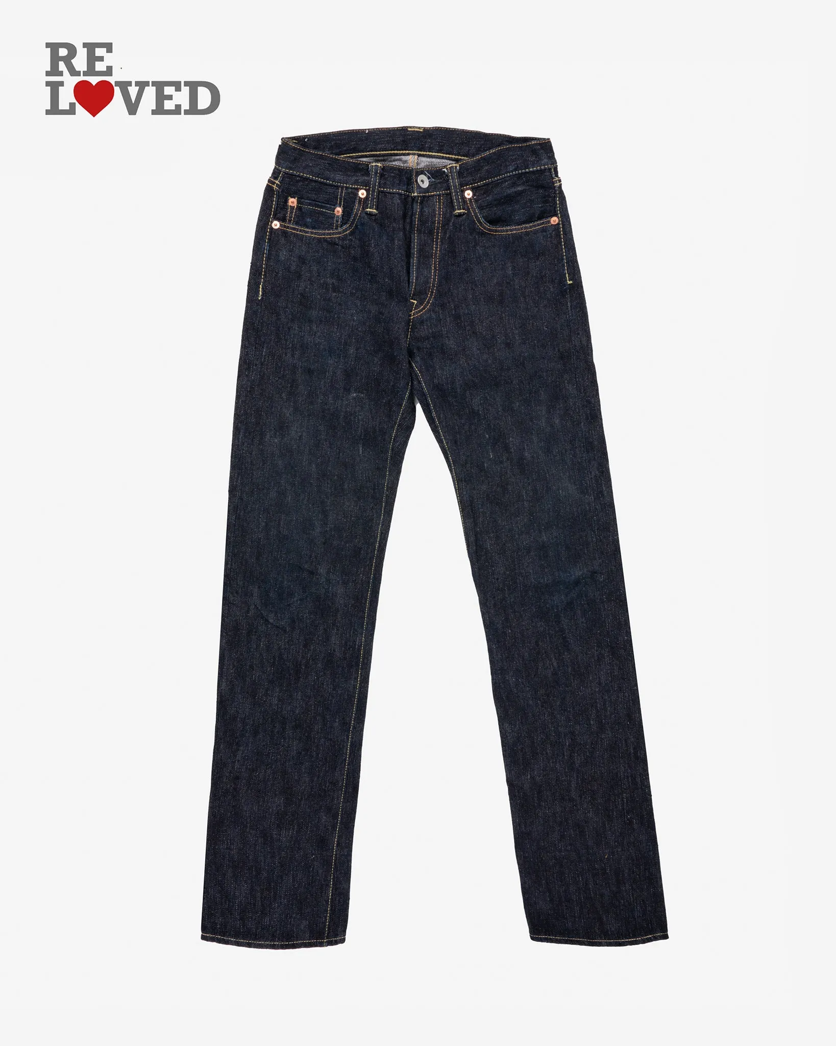 16oz Slubby Selvedge Denim Straight Cut Jeans - Indigo (IH-634S-SLB) Tag 28, Hemmed to 32.3" sold by Iron Heart