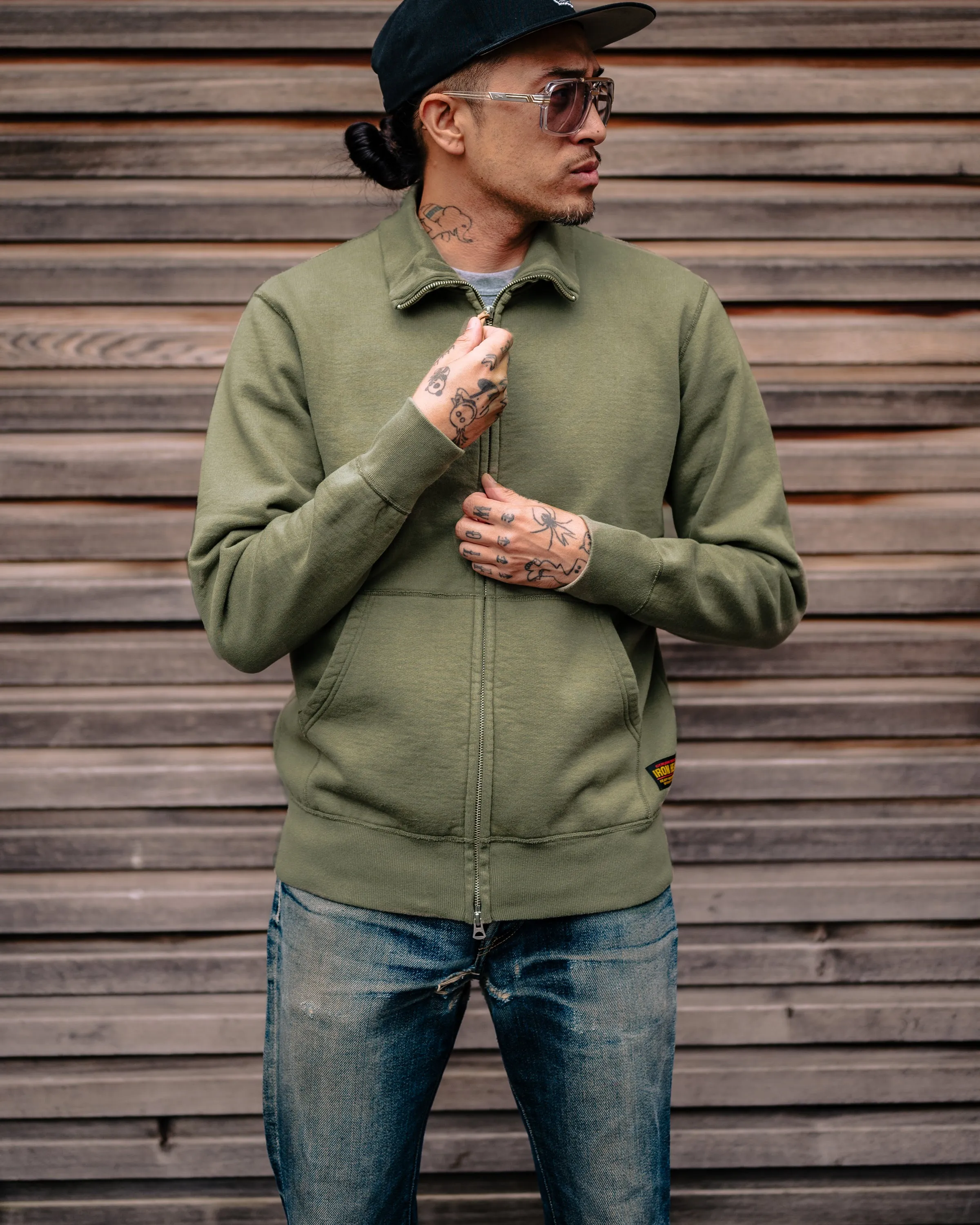 14oz Ultra Heavyweight Loopwheel Cotton Zip Up Sweater - Olive Green sold by Iron Heart product image thumbnail 4