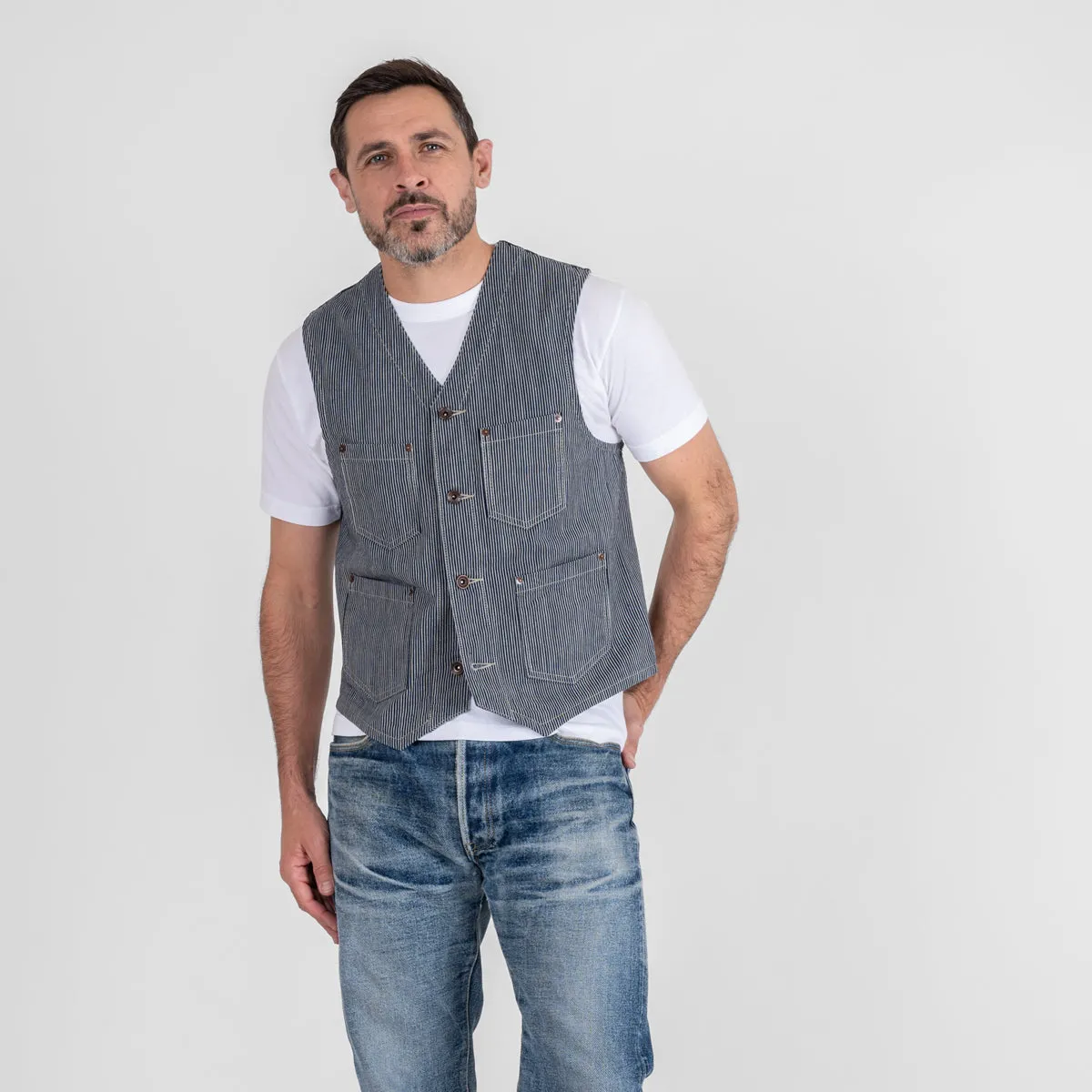 10.5oz Narrow Stripe Hickory Work Vest - Indigo sold by Iron Heart product image thumbnail 2