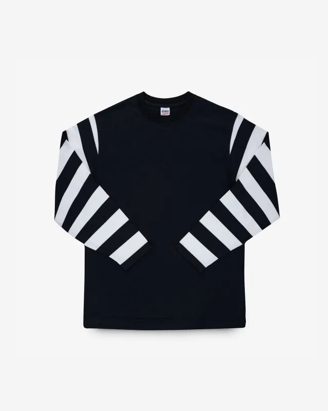 7.5oz Cotton Long-Sleeved Crew Neck Border Tee - Black Body with Striped Arms sold by Iron Heart