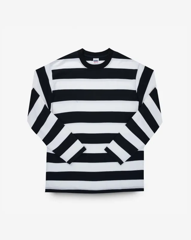 7.5oz Cotton Long-Sleeved Crew Neck Border Tee - Black and White Stripes sold by Iron Heart