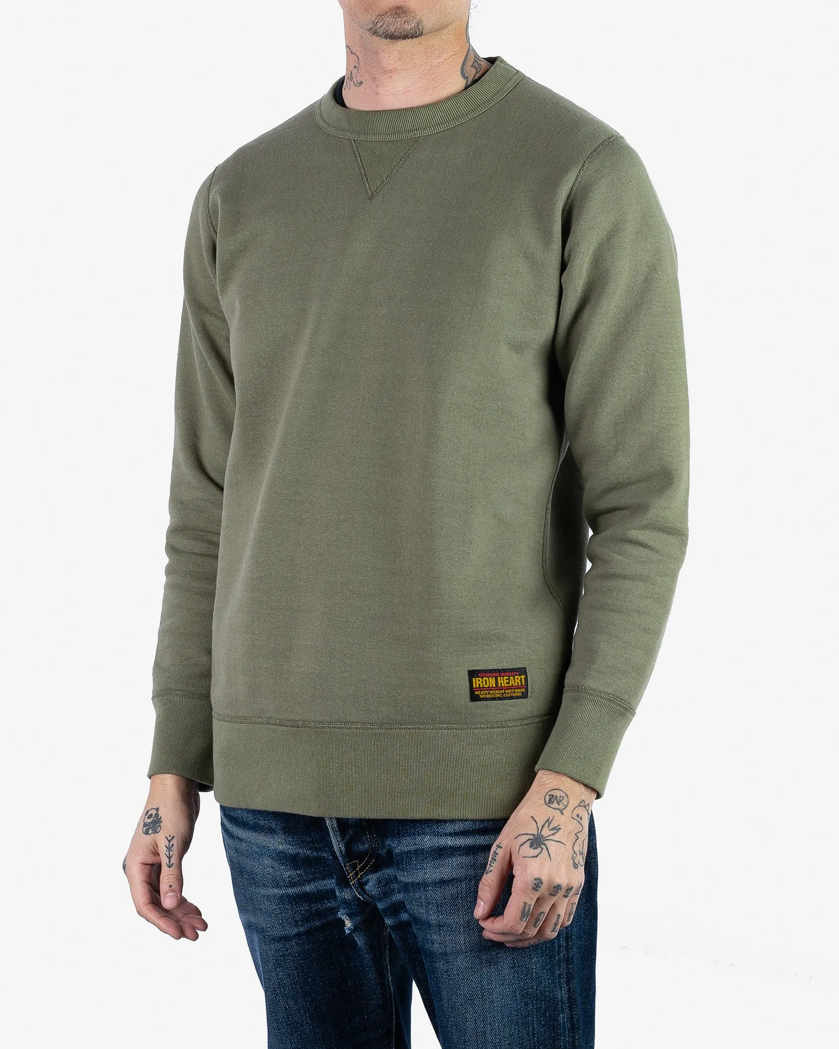 14oz Ultra Heavyweight Loopwheel Cotton Crew Neck Sweat - Olive sold by Iron Heart product image thumbnail 2