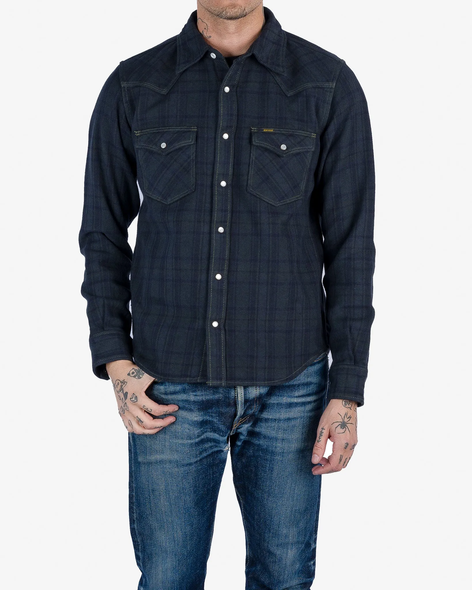 Ultra Heavy Flannel Tartan Check Western Shirt - Green Overdyed Black sold by Iron Heart product image thumbnail 2