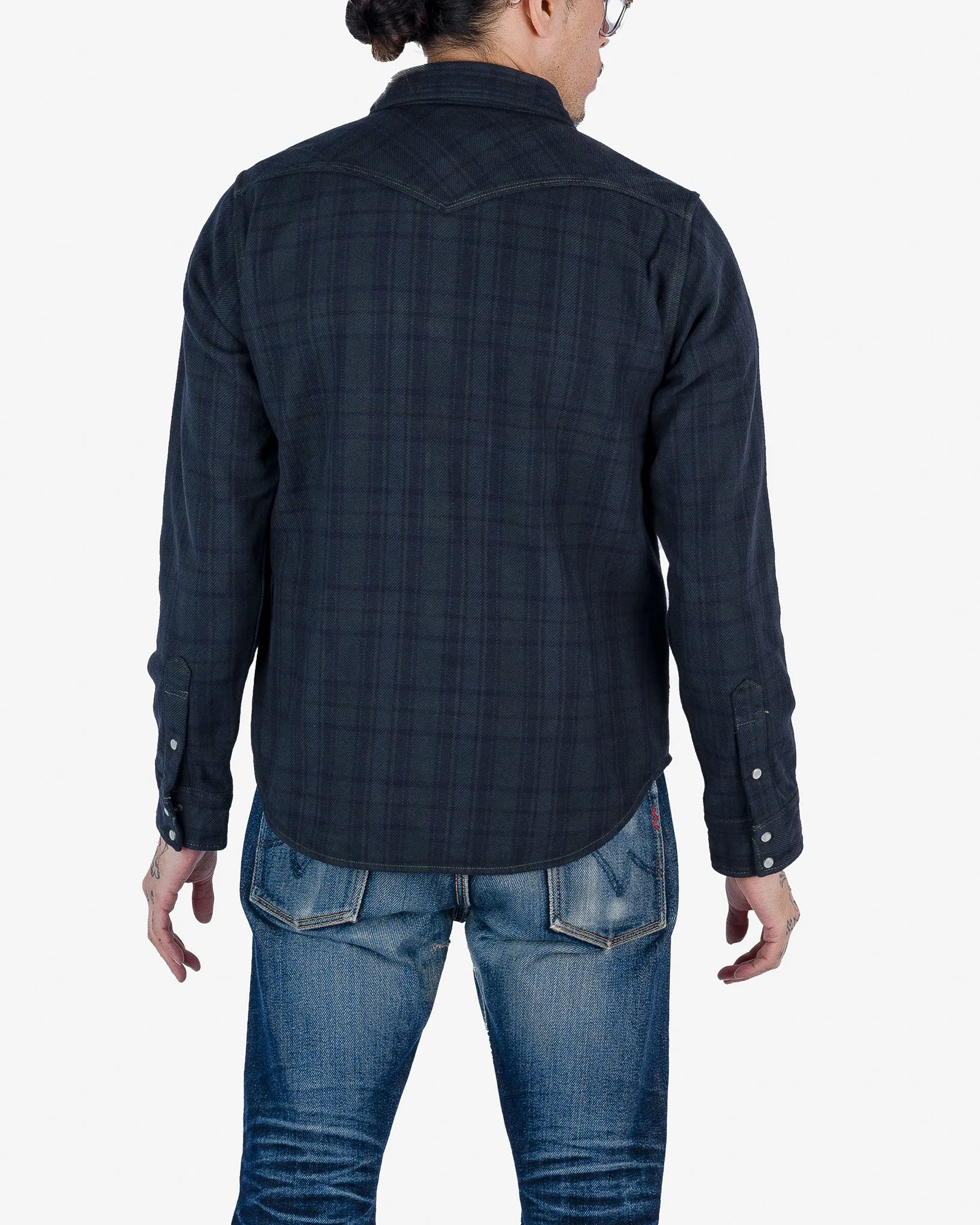 Ultra Heavy Flannel Tartan Check Western Shirt - Green Overdyed Black sold by Iron Heart product image thumbnail 3