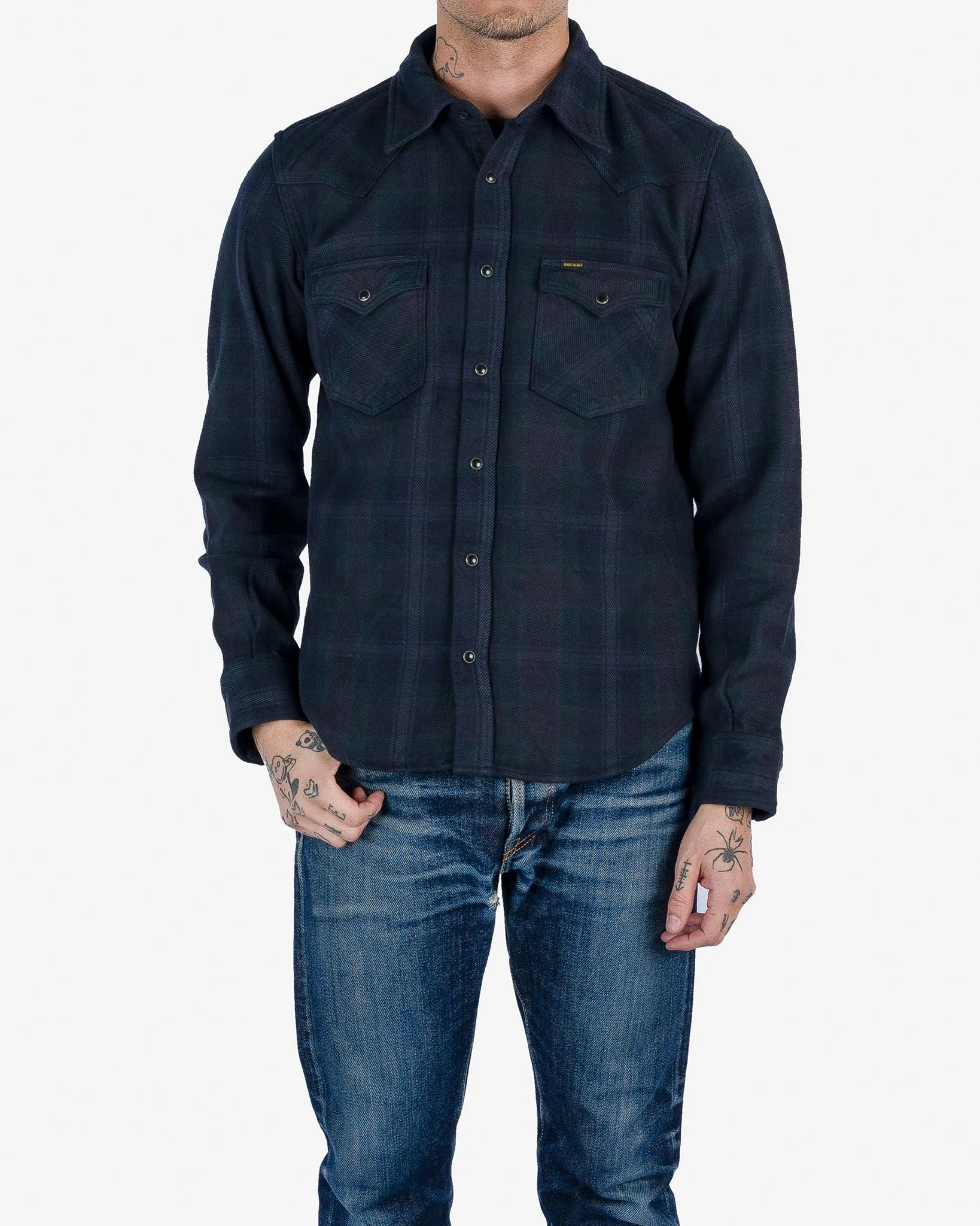Ultra Heavy Flannel Crazy Check Western Shirt - Navy Overdyed Black sold by Iron Heart product image thumbnail 2