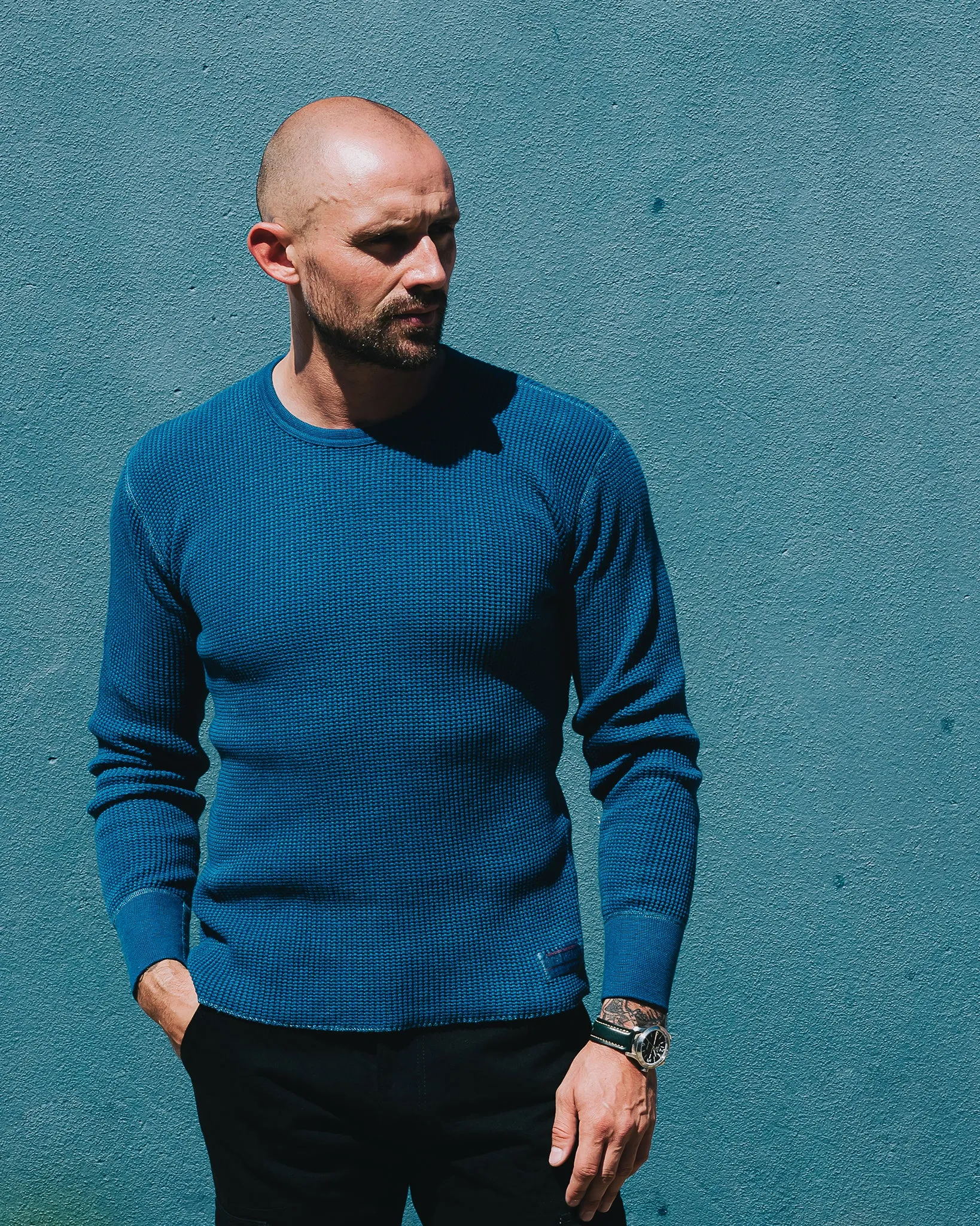 Waffle Knit Long Sleeved Crew Neck Thermal Top - Indigo Dyed sold by Iron Heart product image thumbnail 4