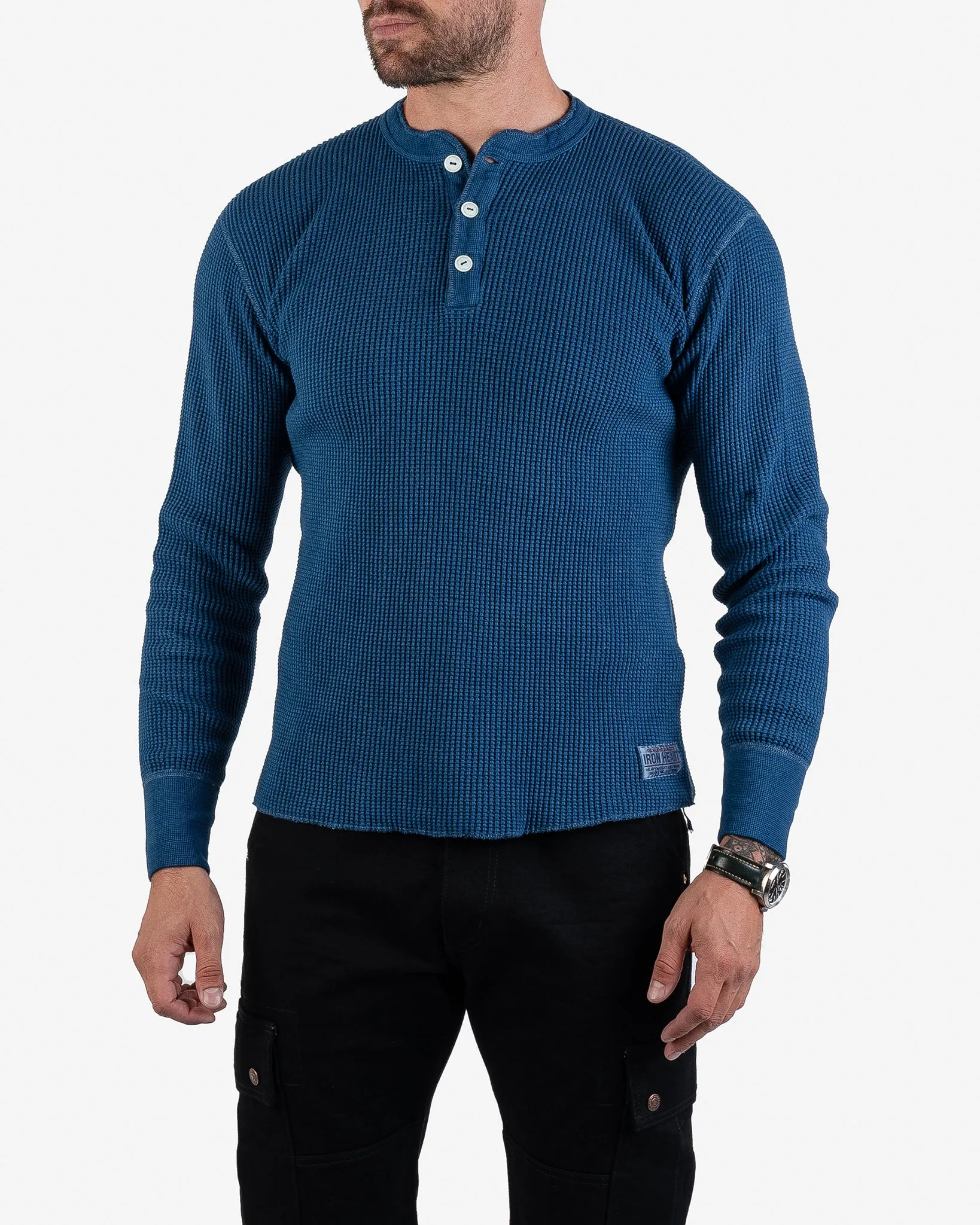 Waffle Knit Long Sleeved Thermal Henley - Indigo Dyed sold by Iron Heart product image thumbnail 2