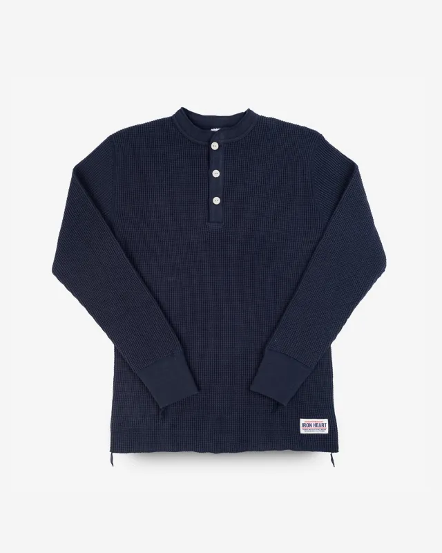 Waffle Knit Long Sleeved Thermal Henley - Navy sold by Iron Heart