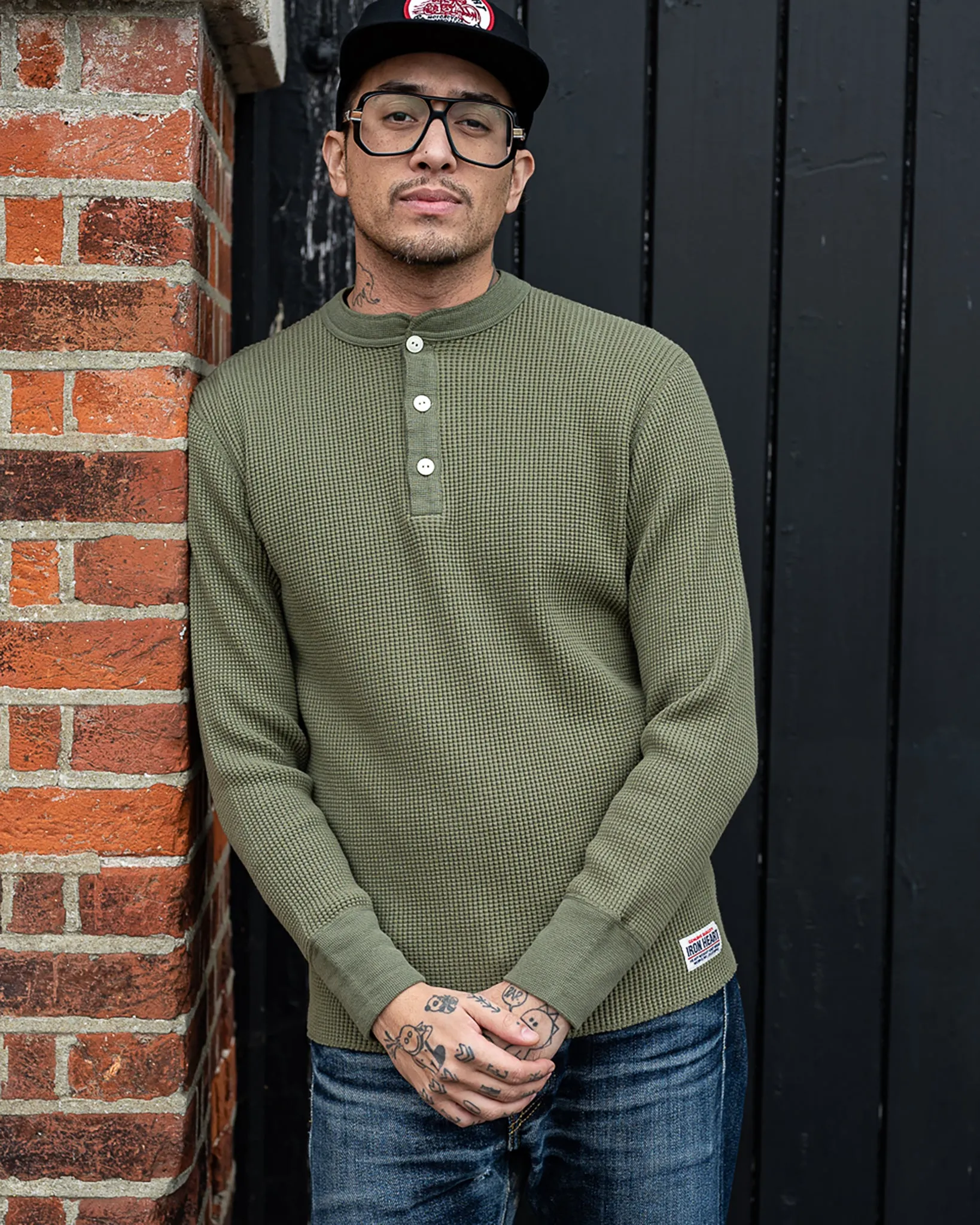Waffle Knit Long Sleeved Thermal Henley - Olive sold by Iron Heart product image thumbnail 4