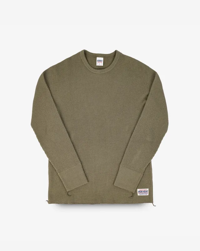 Waffle Knit Long Sleeved Crew Neck Thermal Top - Olive sold by Iron Heart