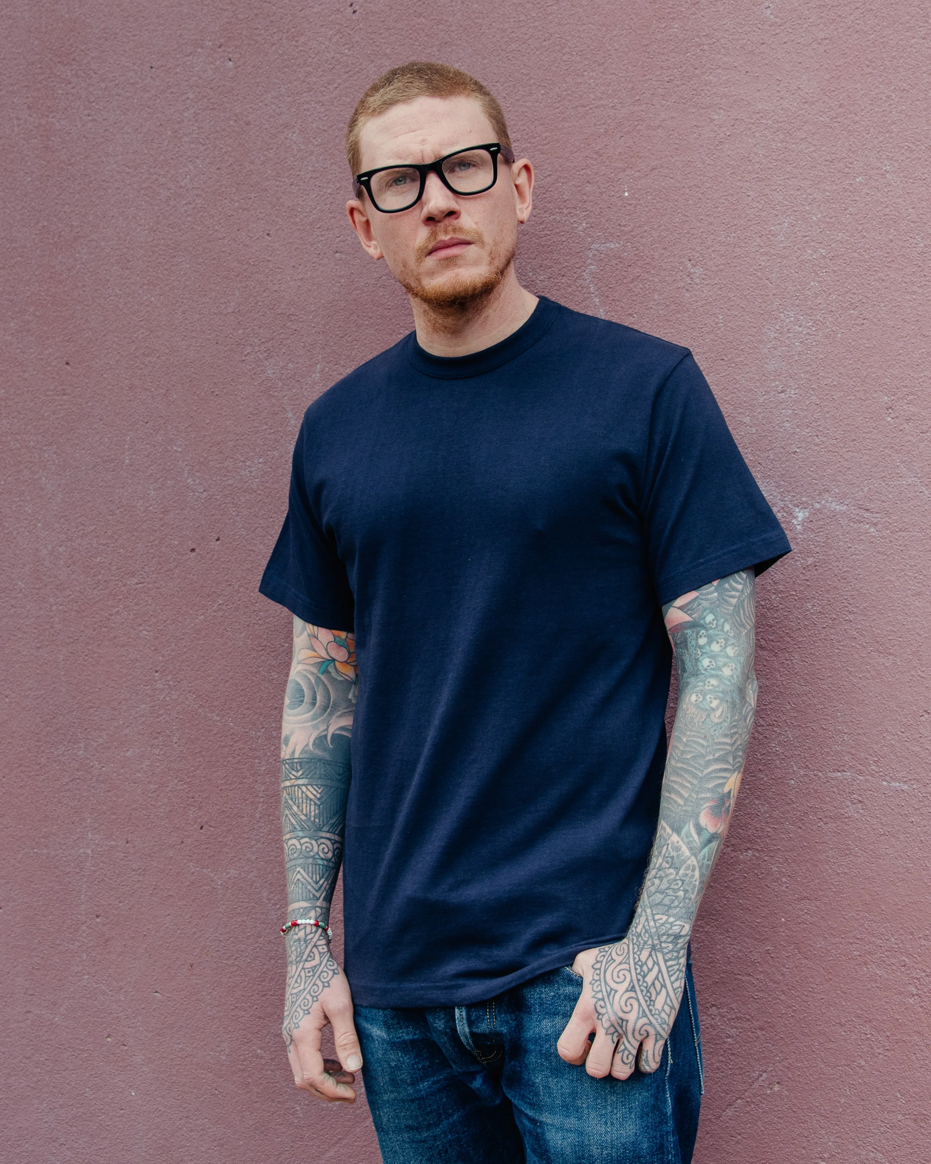 6.5oz Loopwheel Crew Neck T-Shirt with longer body - Navy sold by Iron Heart product image thumbnail 4