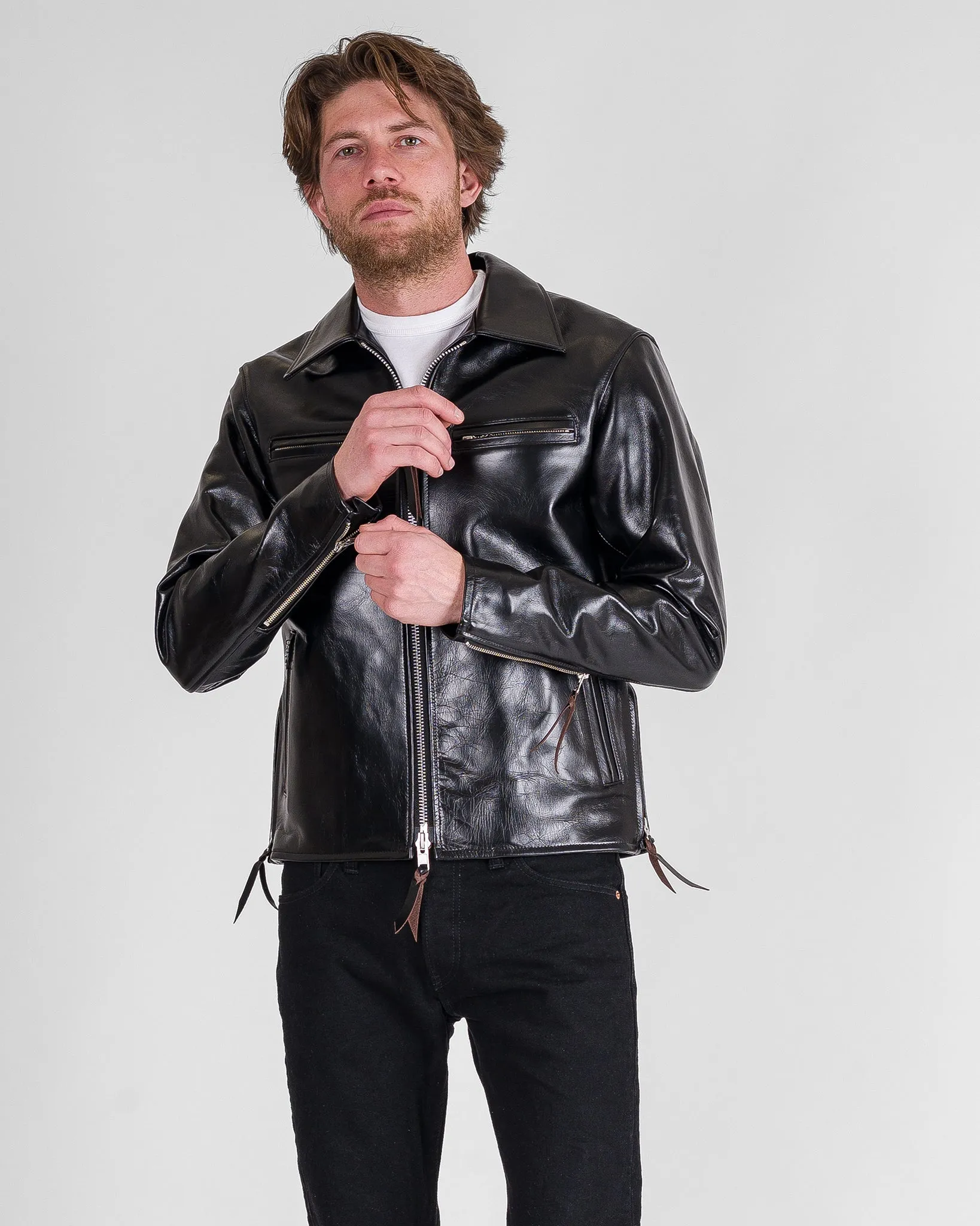 Japanese Horsehide Rider’s Jacket with Collar - Black (Tea-Core Dyed) sold by Iron Heart product image thumbnail 3