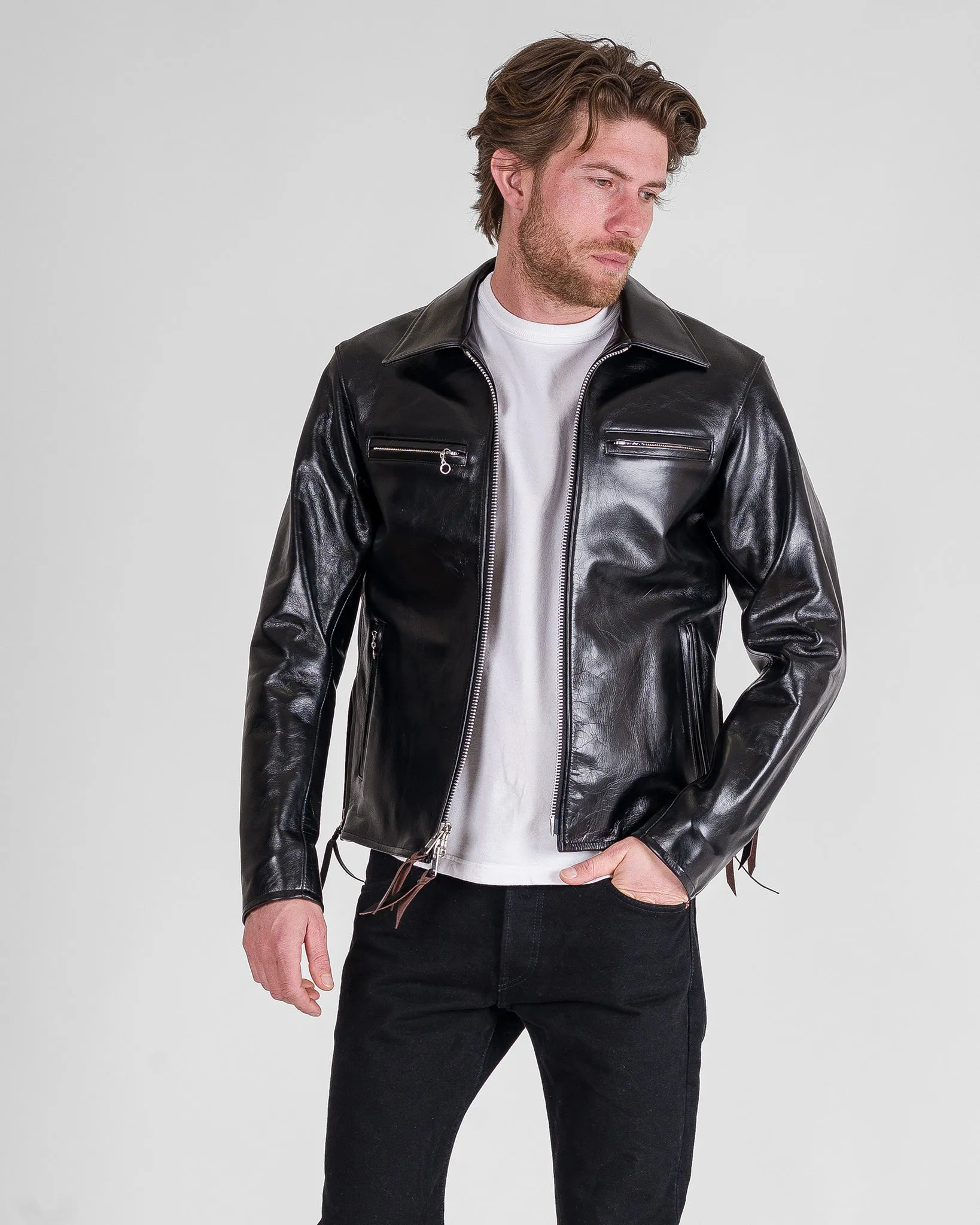 Japanese Horsehide Rider’s Jacket with Collar - Black (Tea-Core Dyed) sold by Iron Heart product image thumbnail 2