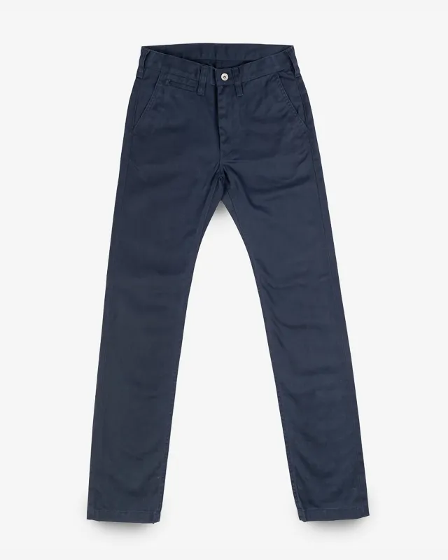 9oz Mercerised Selvedge Cotton Slim Tapered Chinos - Navy sold by Iron Heart