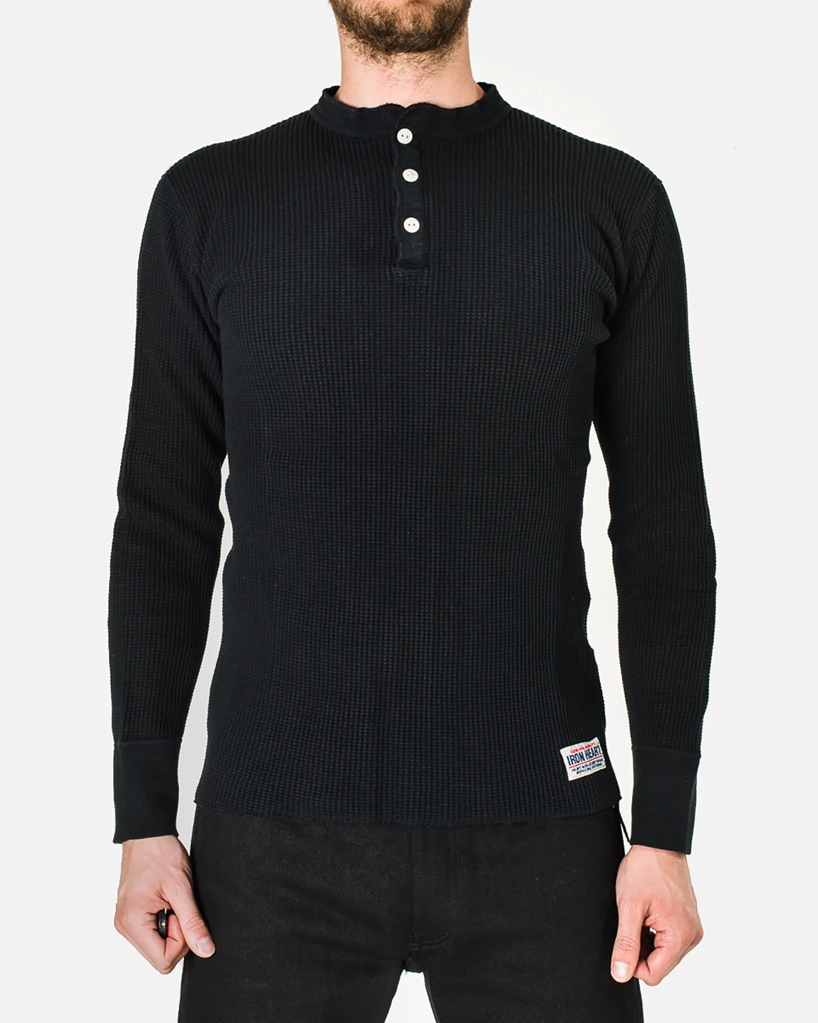 Waffle Knit Long Sleeved Thermal Henley - Black sold by Iron Heart product image thumbnail 2
