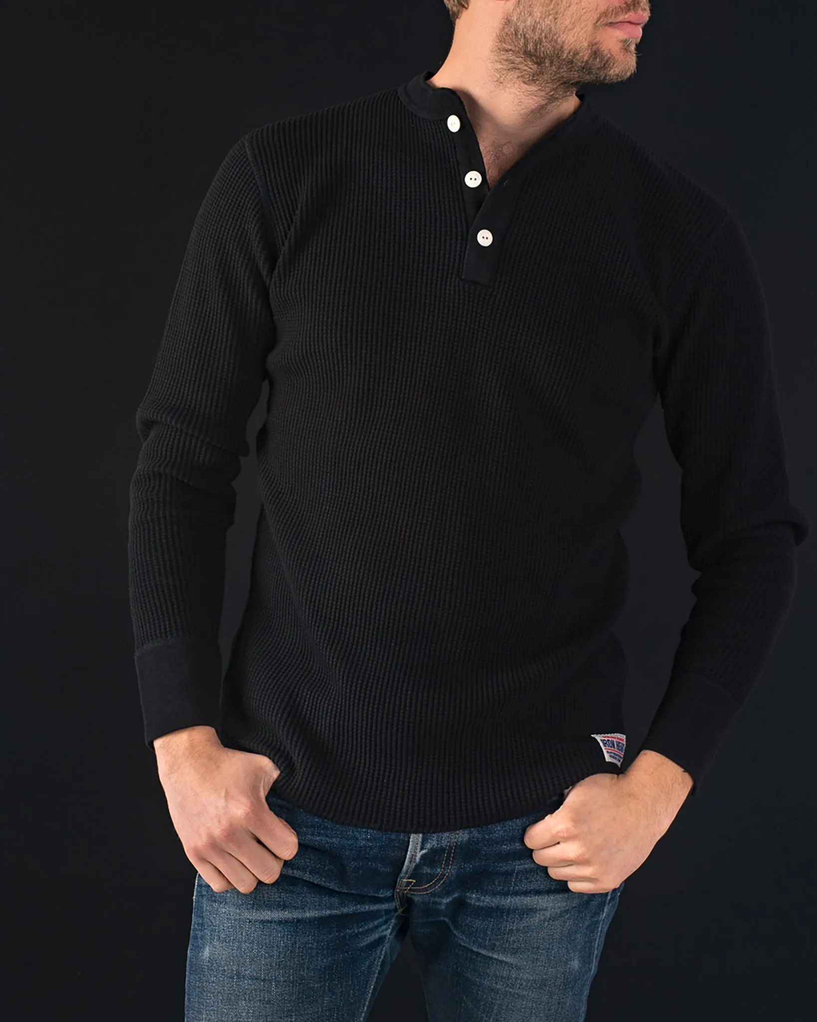 Waffle Knit Long Sleeved Thermal Henley - Black sold by Iron Heart product image thumbnail 4