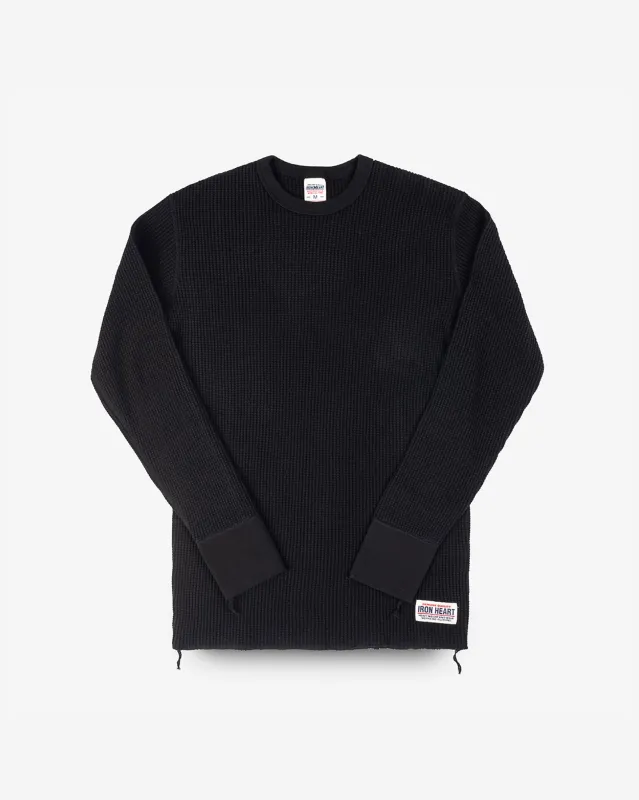 Waffle Knit Long Sleeved Crew Neck Thermal Top - Black sold by Iron Heart